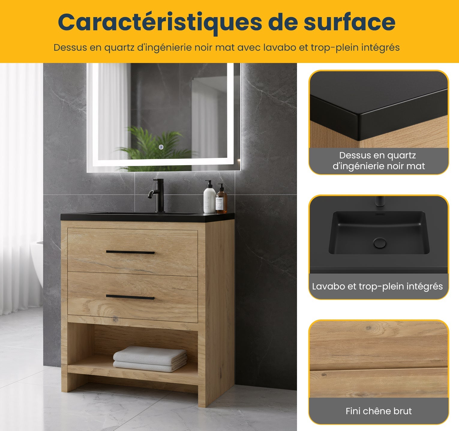 30" Rough Oak Freestanding Bathroom Vanity with Black Engineered Quartz Countertop-Migration_Bathroom Vanities-DECOROLALA