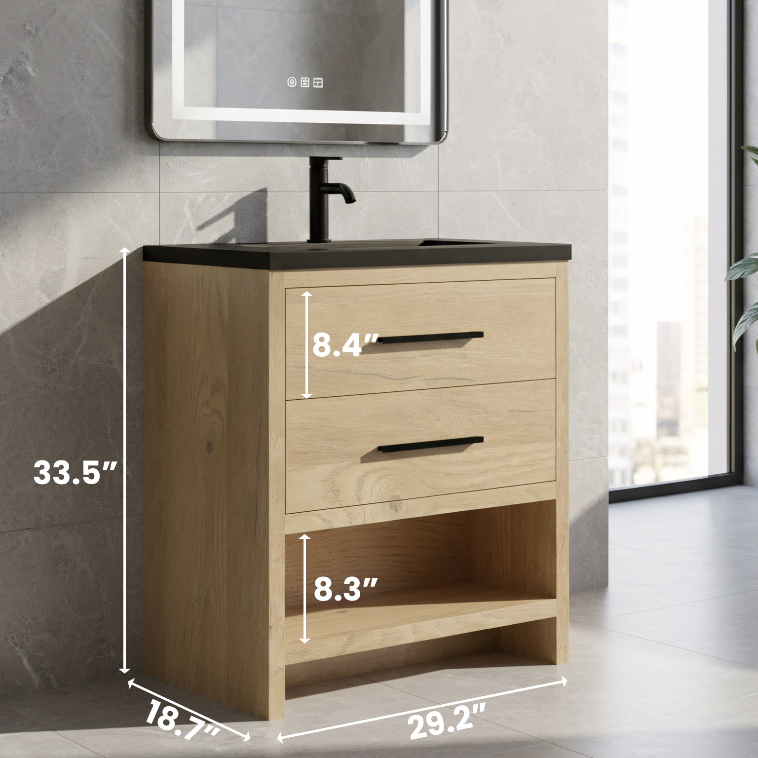 30" Rough Oak Freestanding Bathroom Vanity with Black Engineered Quartz Countertop-Migration_Bathroom Vanities-DECOROLALA