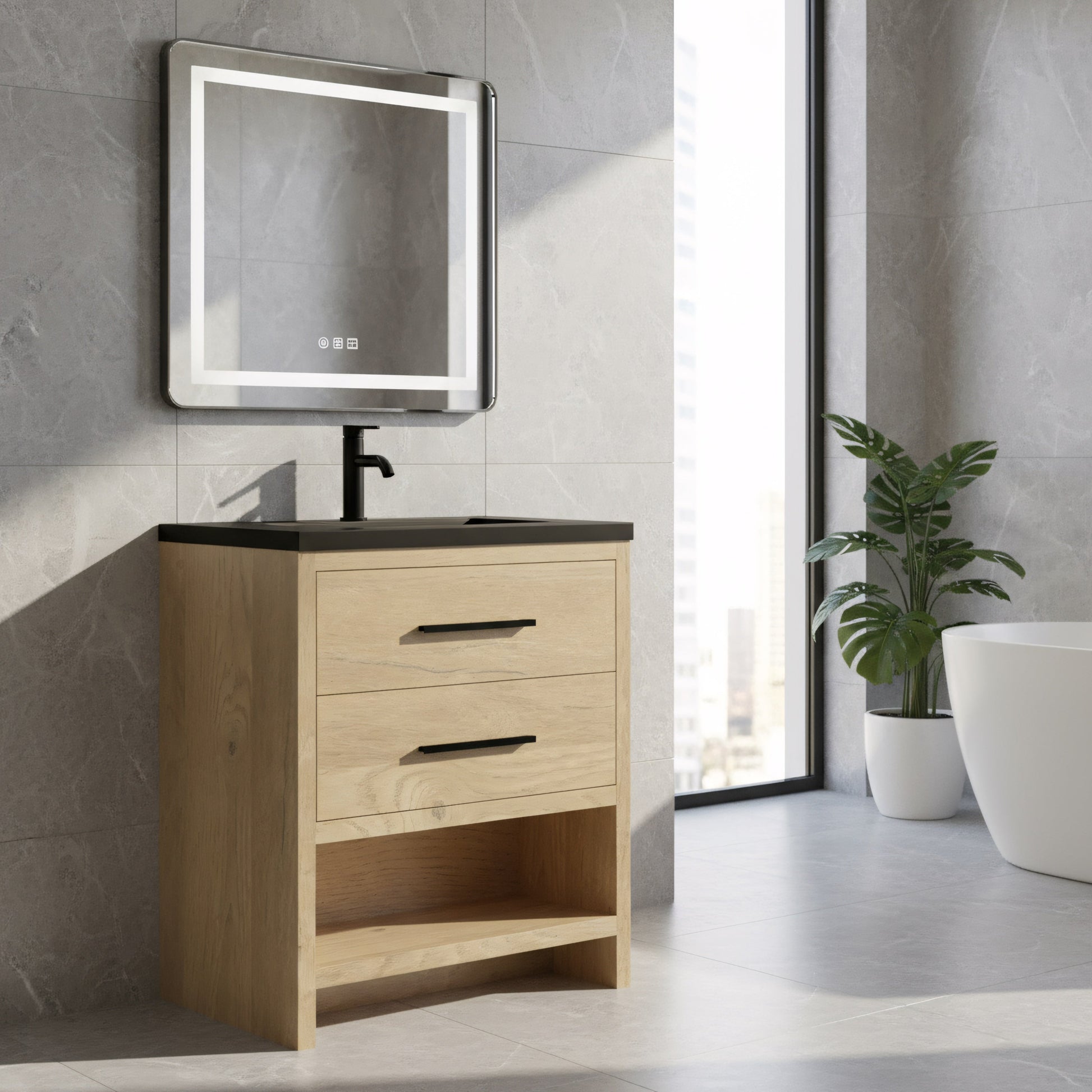 30" Rough Oak Freestanding Bathroom Vanity with Black Engineered Quartz Countertop-Migration_Bathroom Vanities-DECOROLALA