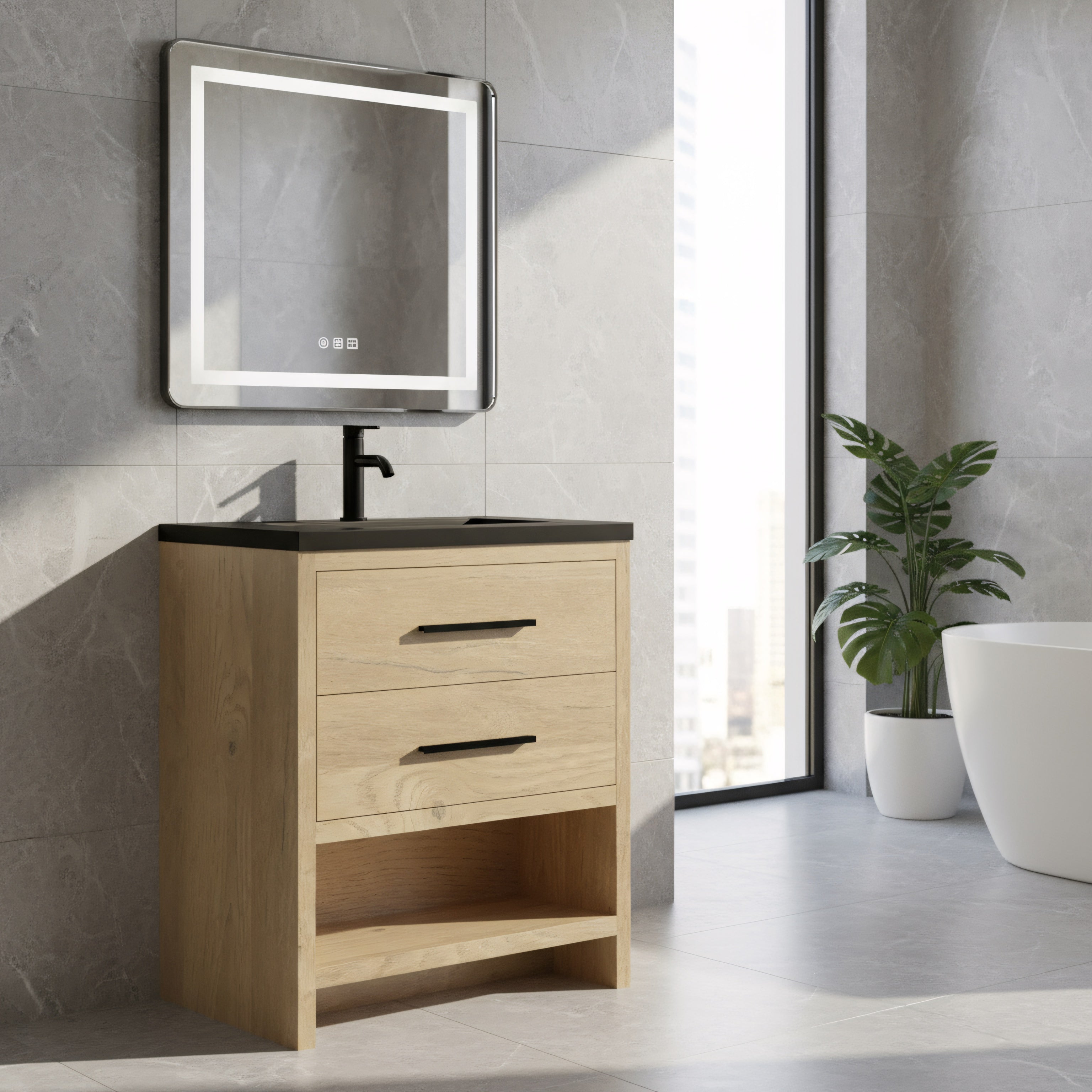 30" Rough Oak Freestanding Bathroom Vanity with Black Engineered Quartz Countertop-Migration_Bathroom Vanities-DECOROLALA