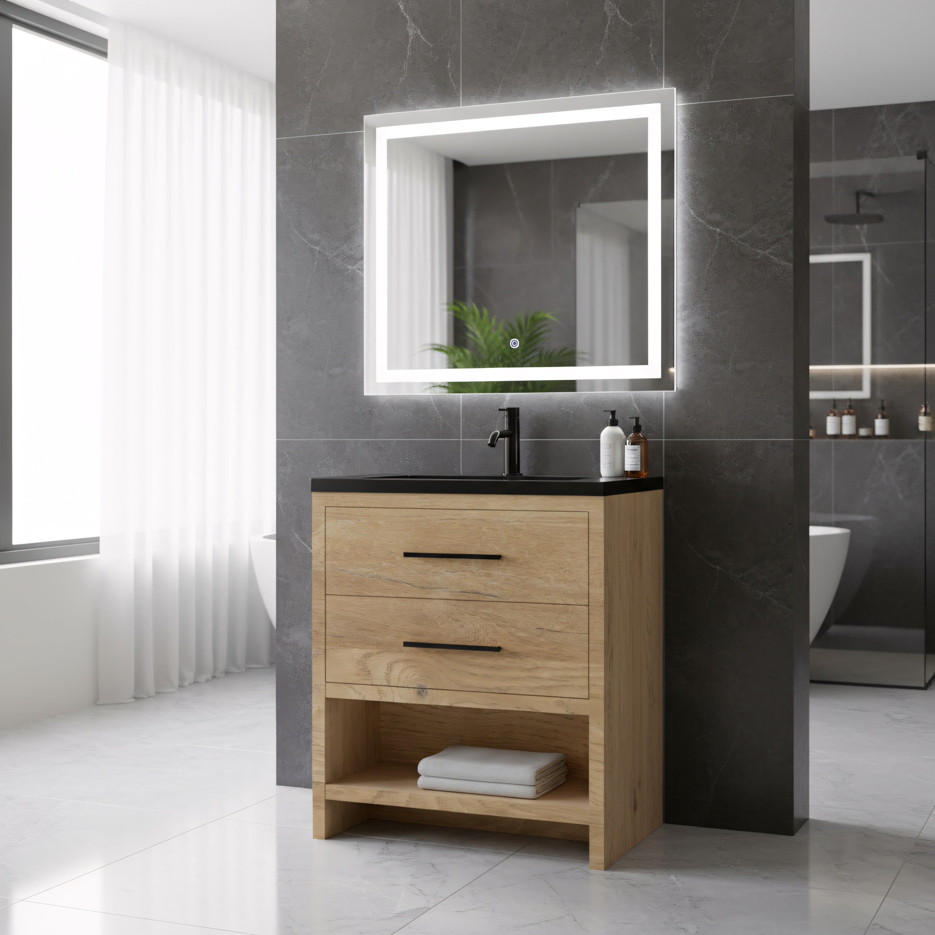 30" Rough Oak Freestanding Bathroom Vanity with Black Engineered Quartz Countertop-Migration_Bathroom Vanities-DECOROLALA