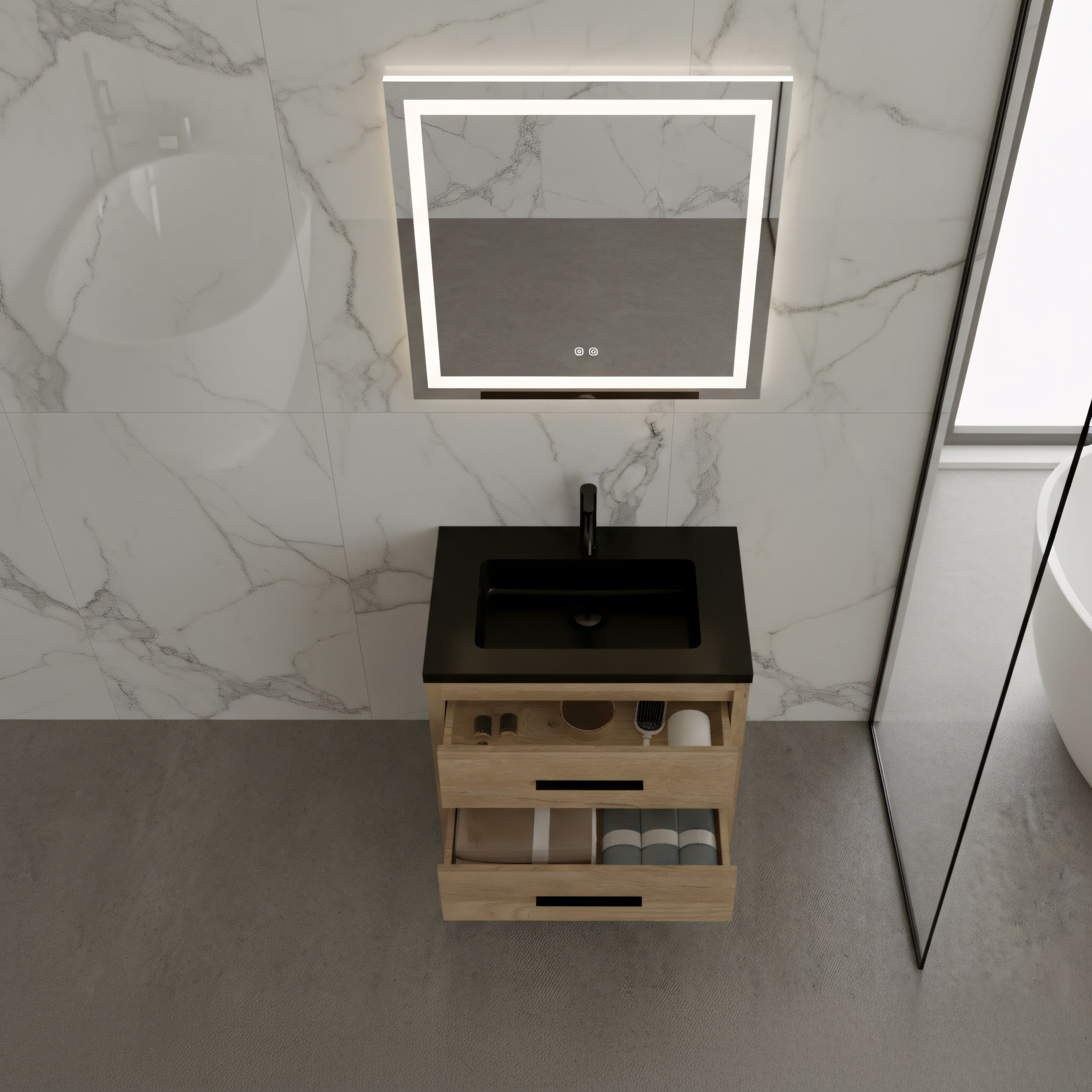 30" Rough Oak Freestanding Bathroom Vanity with Black Engineered Quartz Countertop-Migration_Bathroom Vanities-DECOROLALA