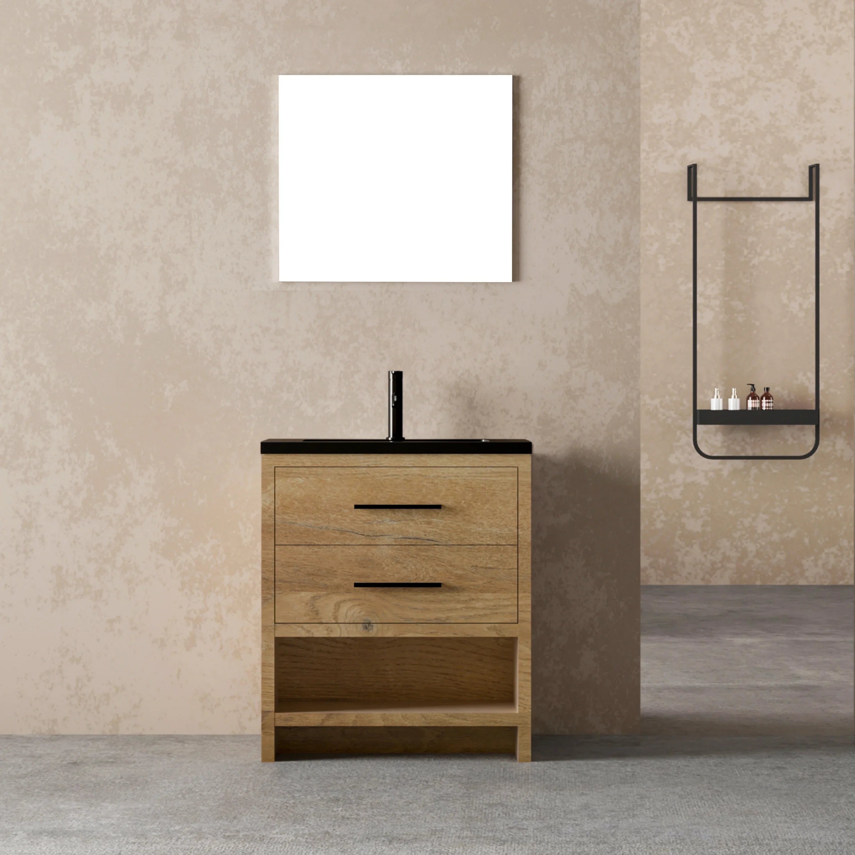 30" Rough Oak Freestanding Bathroom Vanity with Black Engineered Quartz Countertop-Migration_Bathroom Vanities-DECOROLALA