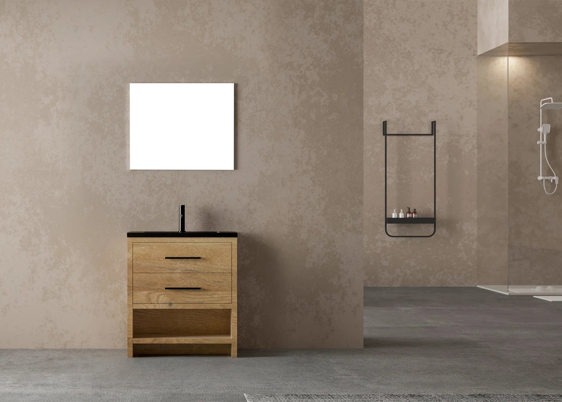 30" Rough Oak Freestanding Bathroom Vanity with Black Engineered Quartz Countertop-Migration_Bathroom Vanities-DECOROLALA