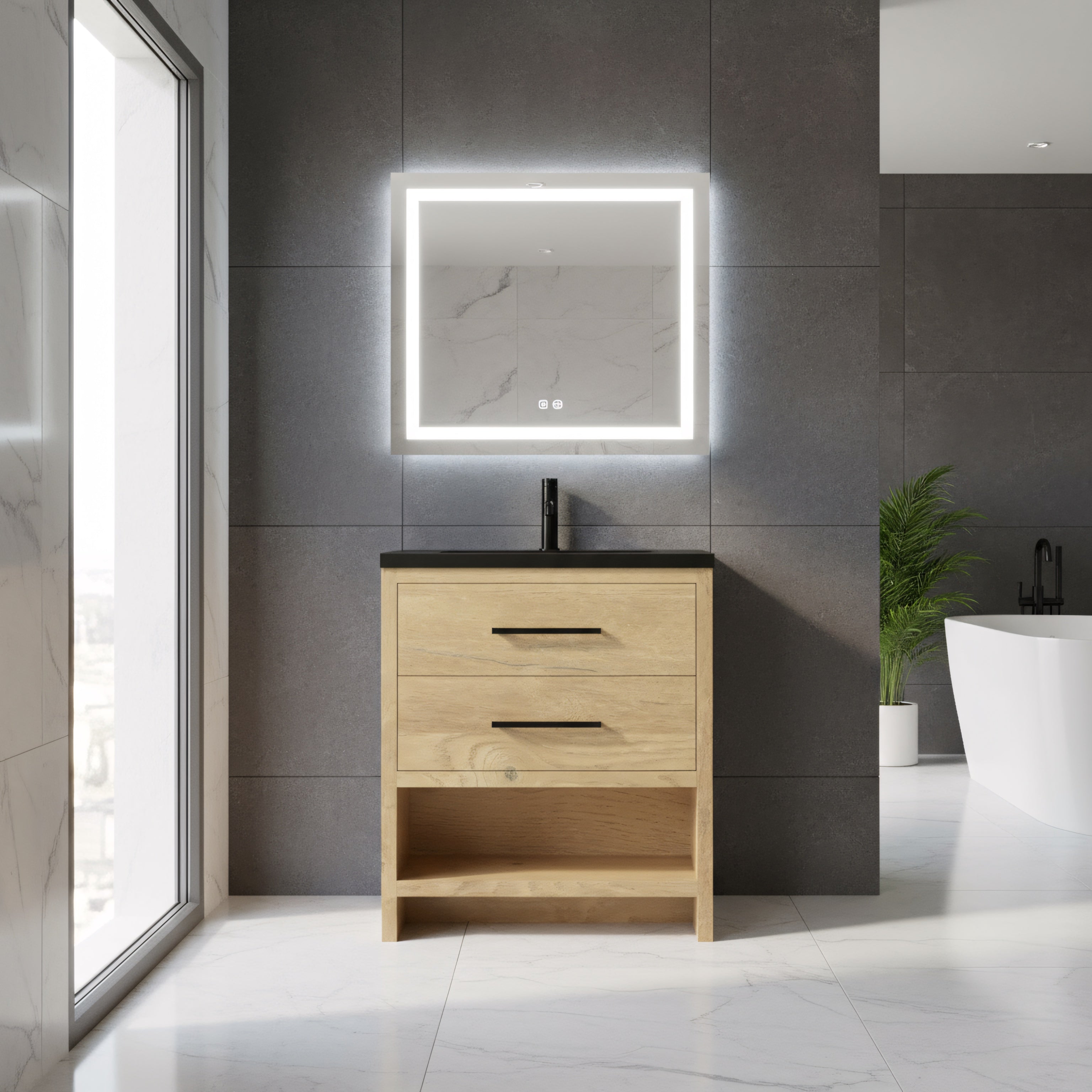 30" Rough Oak Freestanding Bathroom Vanity with Black Engineered Quartz Countertop-Migration_Bathroom Vanities-DECOROLALA