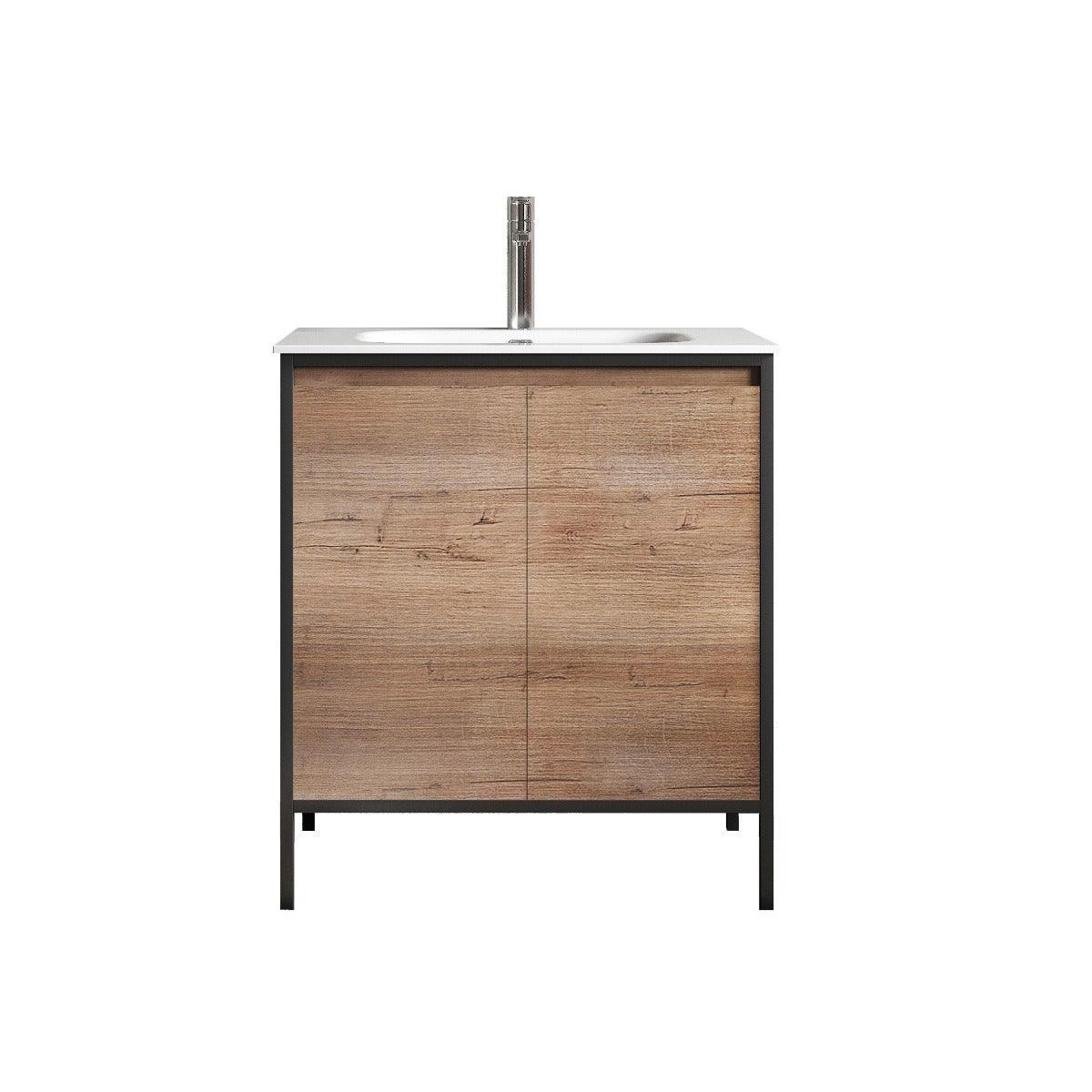 30" Rough Oak Freestanding Bathroom Vanity with White Ceramic Countertop and Black Metal Frame-Migration_Bathroom Vanities-DECOROLALA