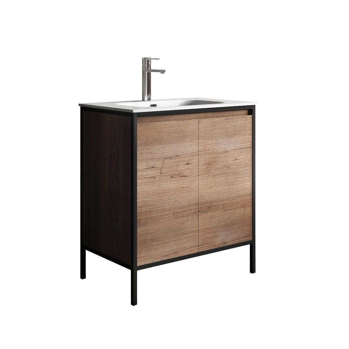 30" Rough Oak Freestanding Bathroom Vanity with White Ceramic Countertop and Black Metal Frame-Migration_Bathroom Vanities-DECOROLALA