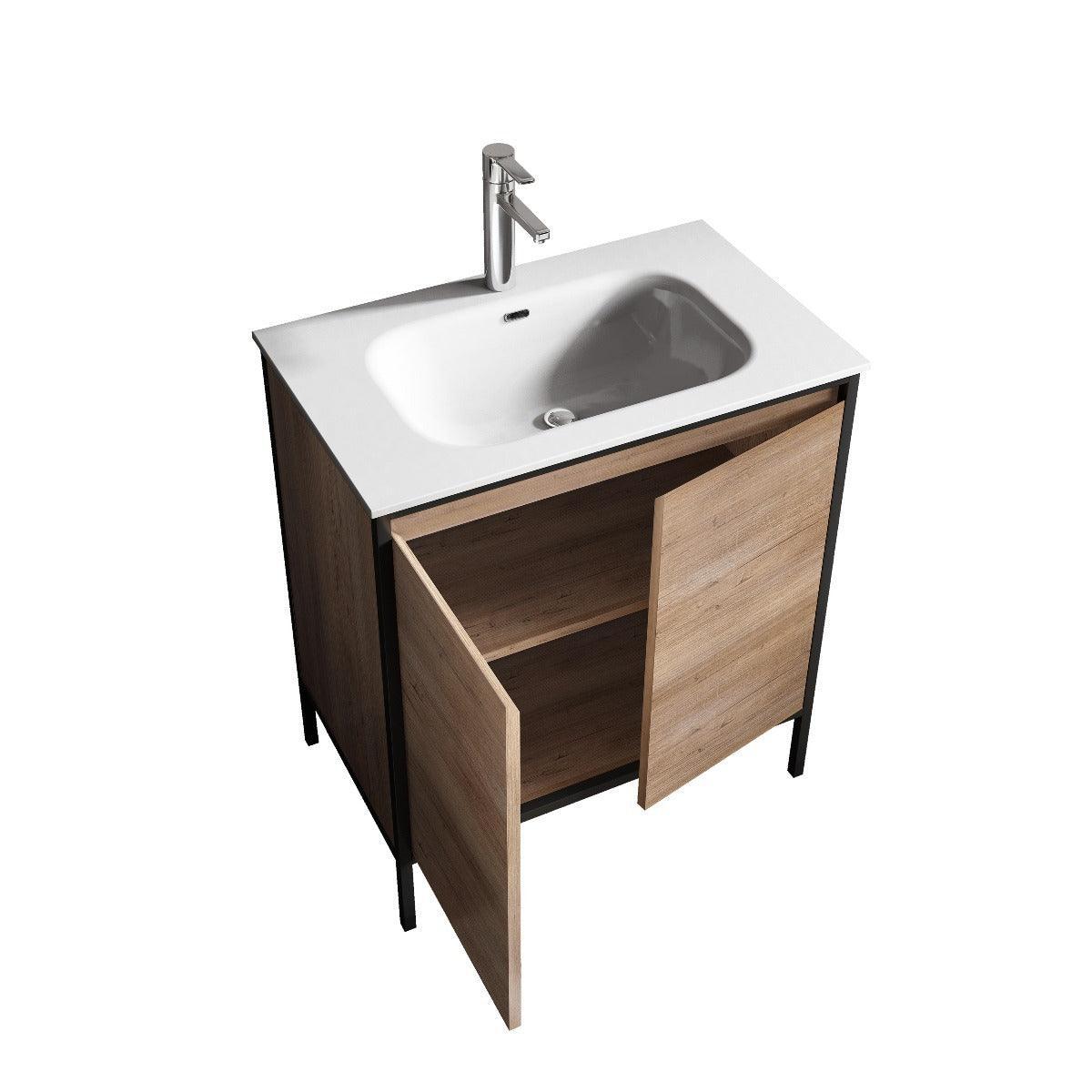 30" Rough Oak Freestanding Bathroom Vanity with White Ceramic Countertop and Black Metal Frame-Migration_Bathroom Vanities-DECOROLALA