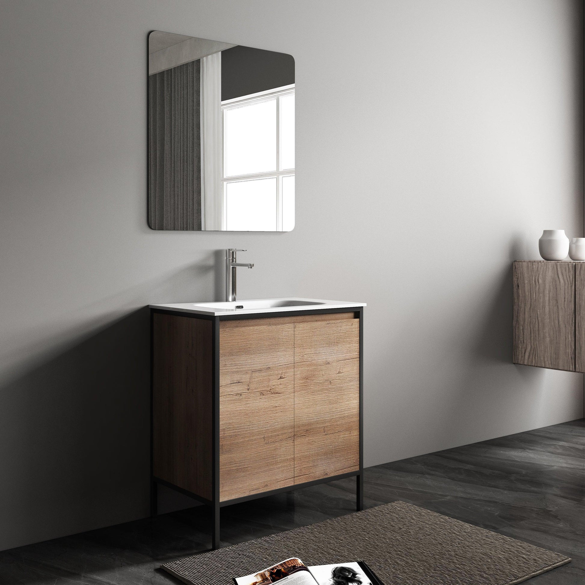 30" Rough Oak Freestanding Bathroom Vanity with White Ceramic Countertop and Black Metal Frame-Migration_Bathroom Vanities-DECOROLALA