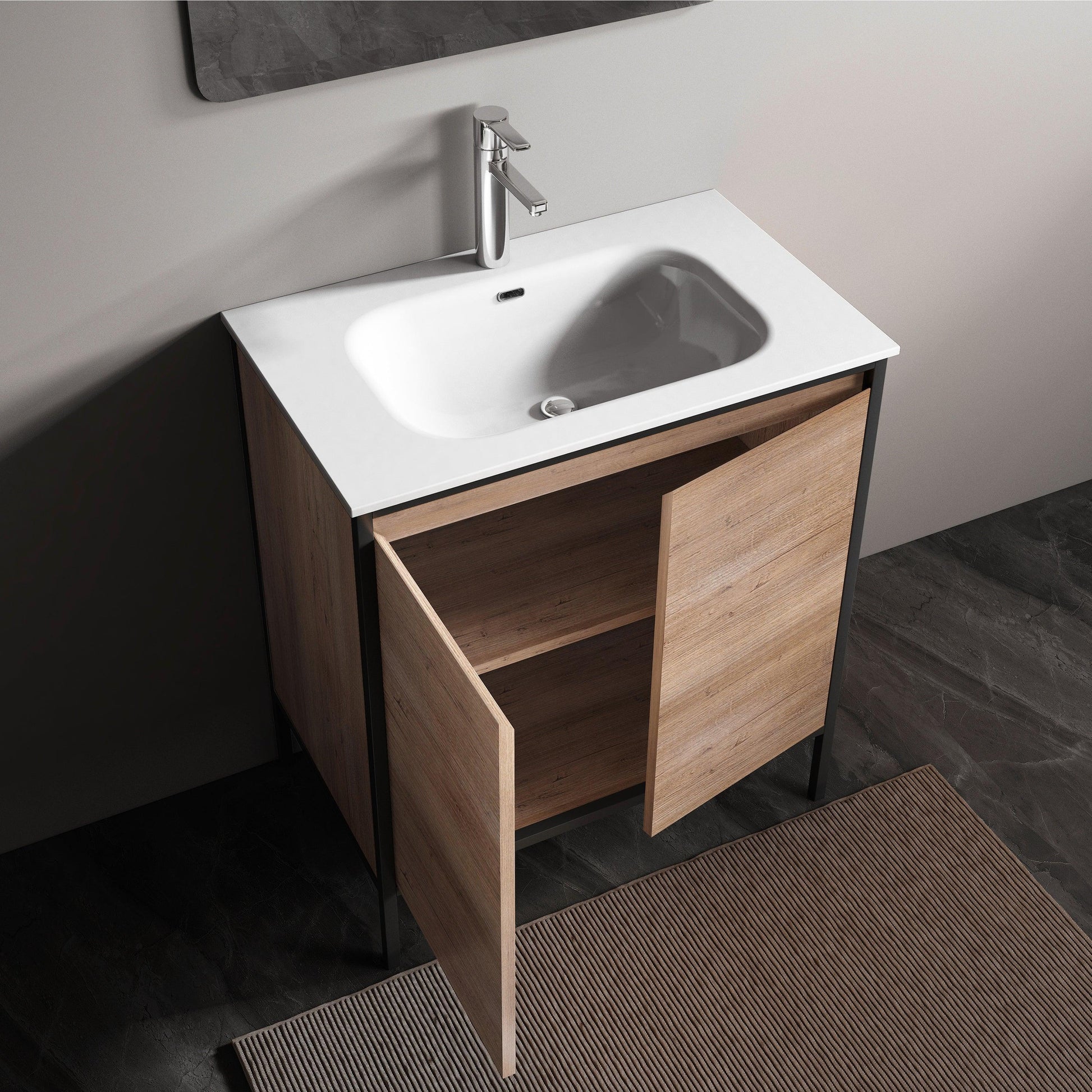 30" Rough Oak Freestanding Bathroom Vanity with White Ceramic Countertop and Black Metal Frame-Migration_Bathroom Vanities-DECOROLALA