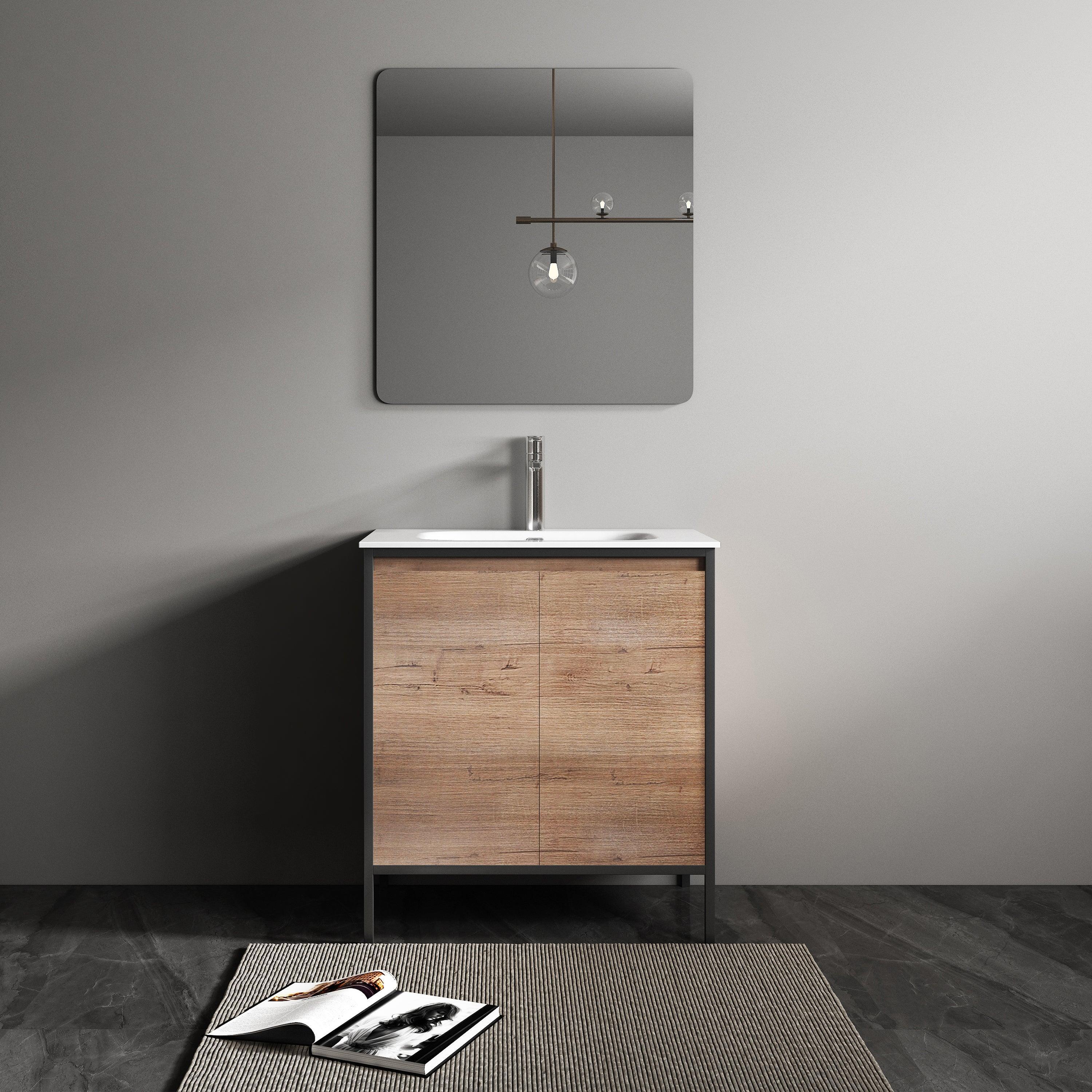 30" Rough Oak Freestanding Bathroom Vanity with White Ceramic Countertop and Black Metal Frame-Migration_Bathroom Vanities-DECOROLALA