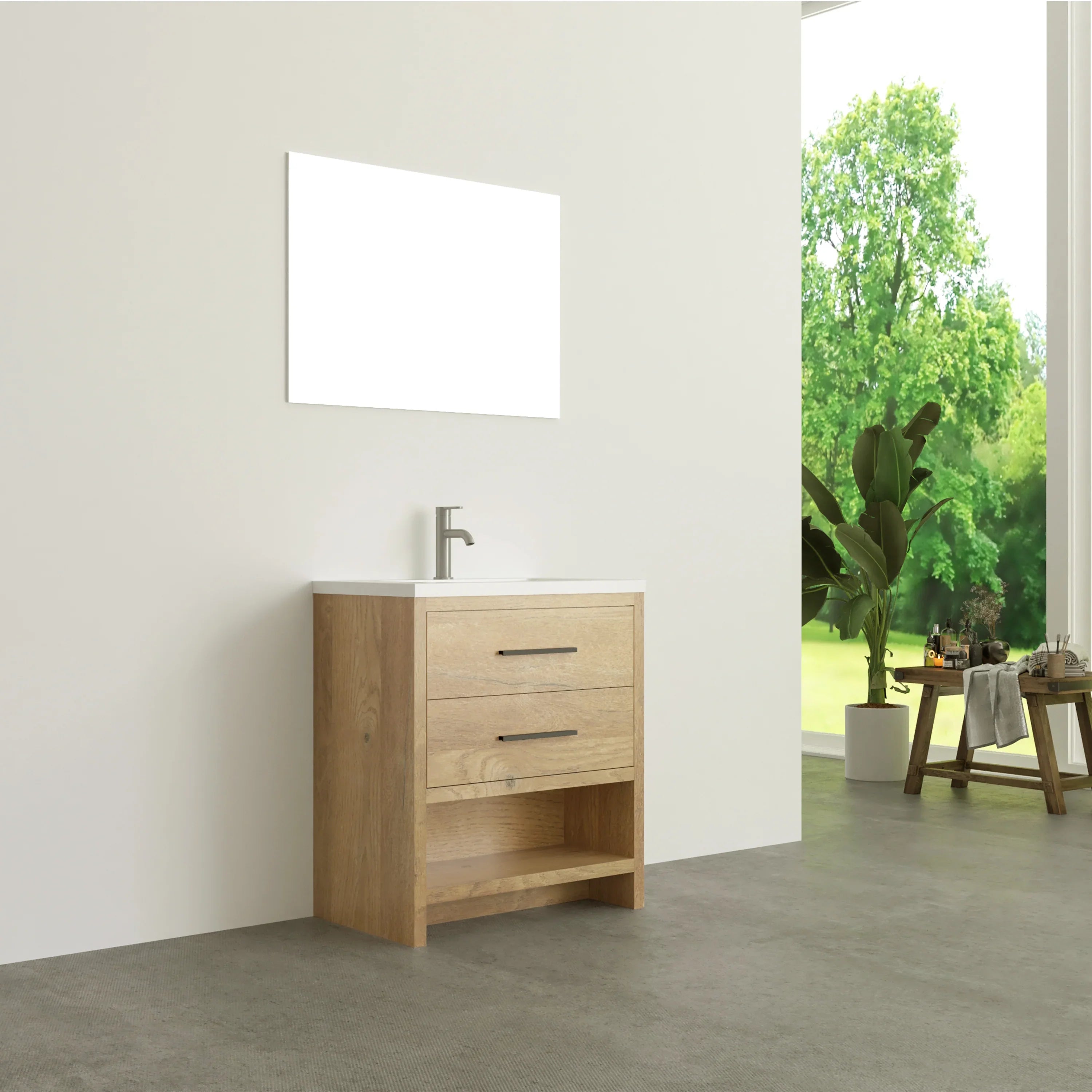 30" Rough Oak Freestanding Bathroom Vanity with White Polymarble Countertop-Migration_Bathroom Vanities-DECOROLALA