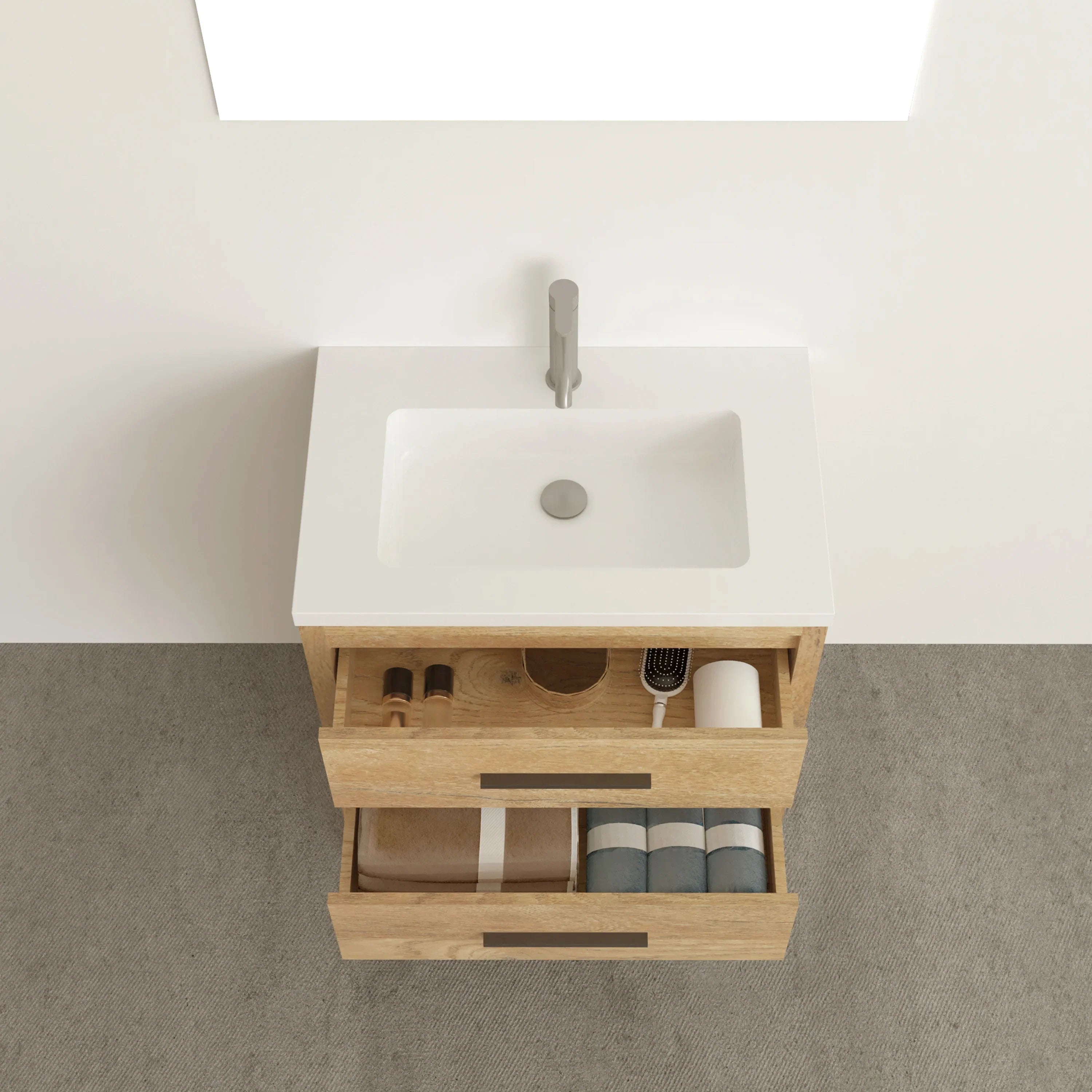 30" Rough Oak Freestanding Bathroom Vanity with White Polymarble Countertop-Migration_Bathroom Vanities-DECOROLALA