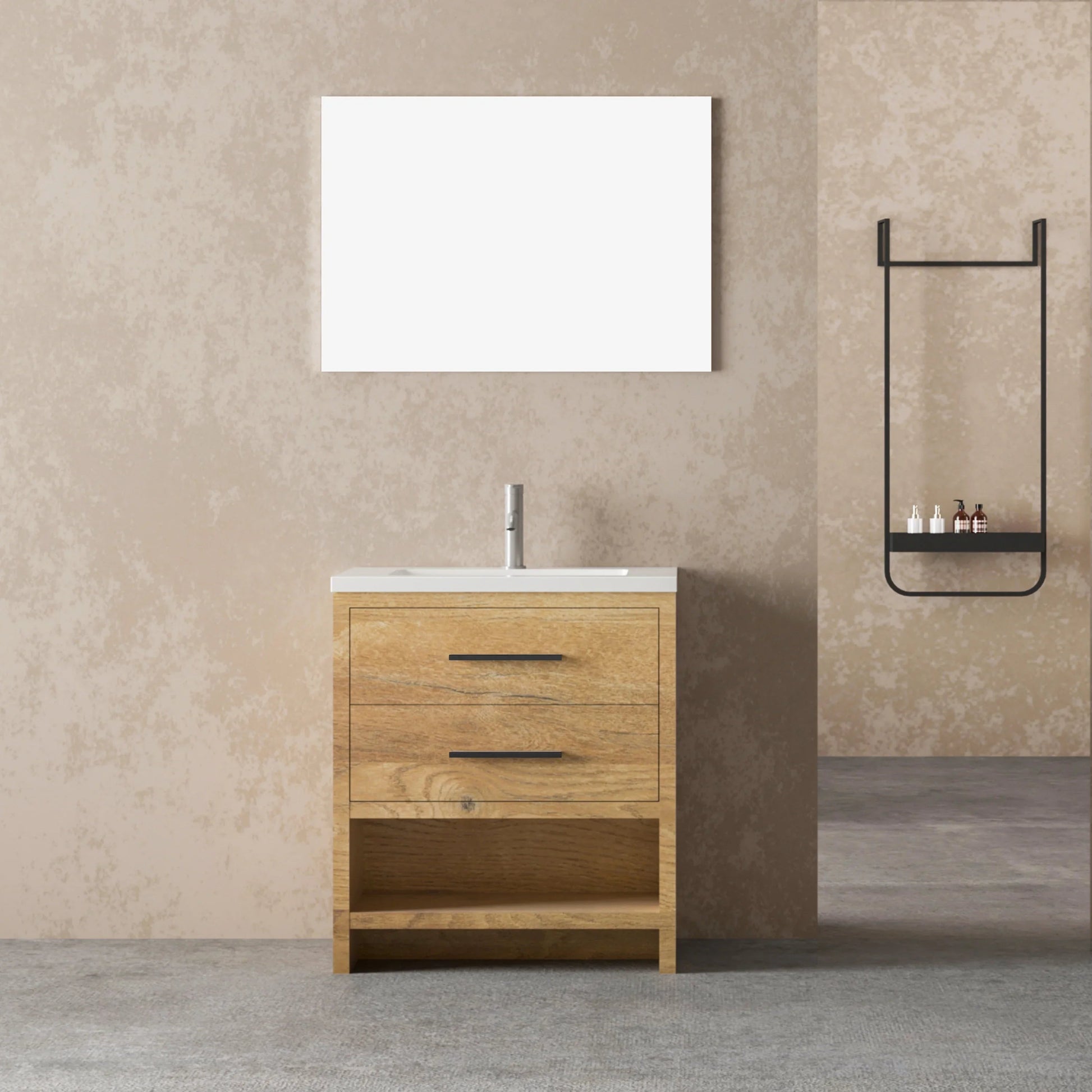 30" Rough Oak Freestanding Bathroom Vanity with White Polymarble Countertop-Migration_Bathroom Vanities-DECOROLALA