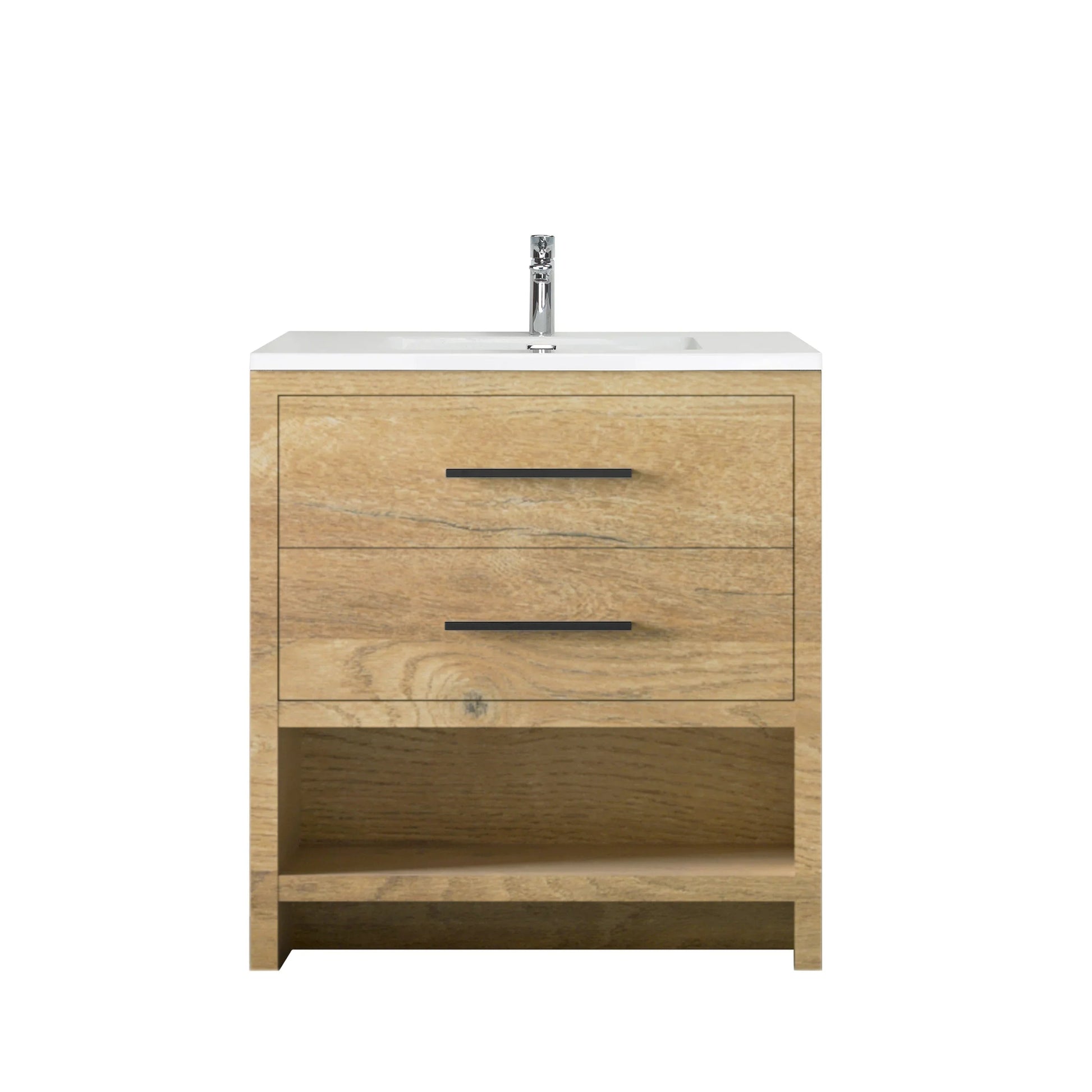 30" Rough Oak Freestanding Bathroom Vanity with White Polymarble Countertop-Migration_Bathroom Vanities-DECOROLALA
