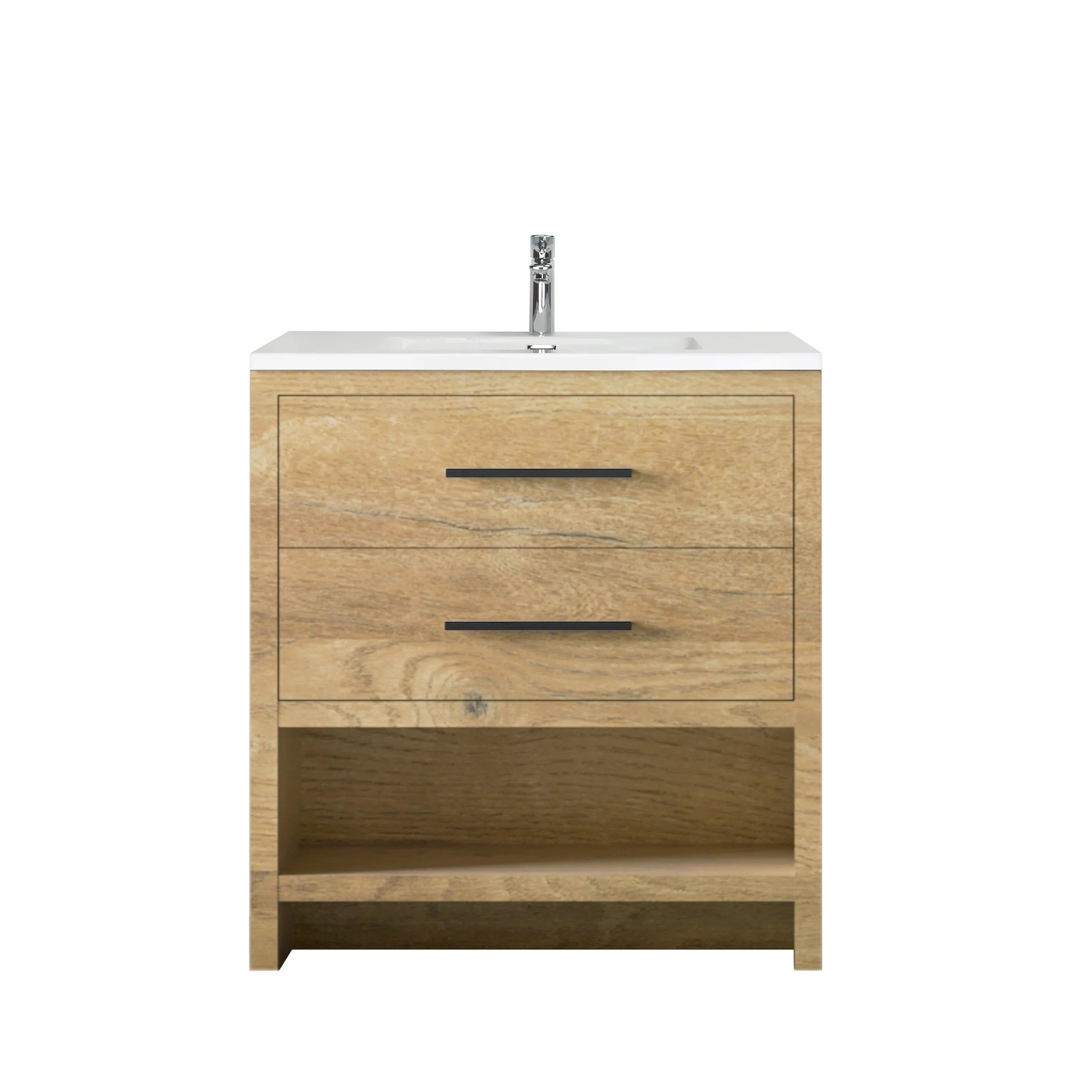 30" Rough Oak Freestanding Bathroom Vanity with White Polymarble Countertop-Migration_Bathroom Vanities-DECOROLALA