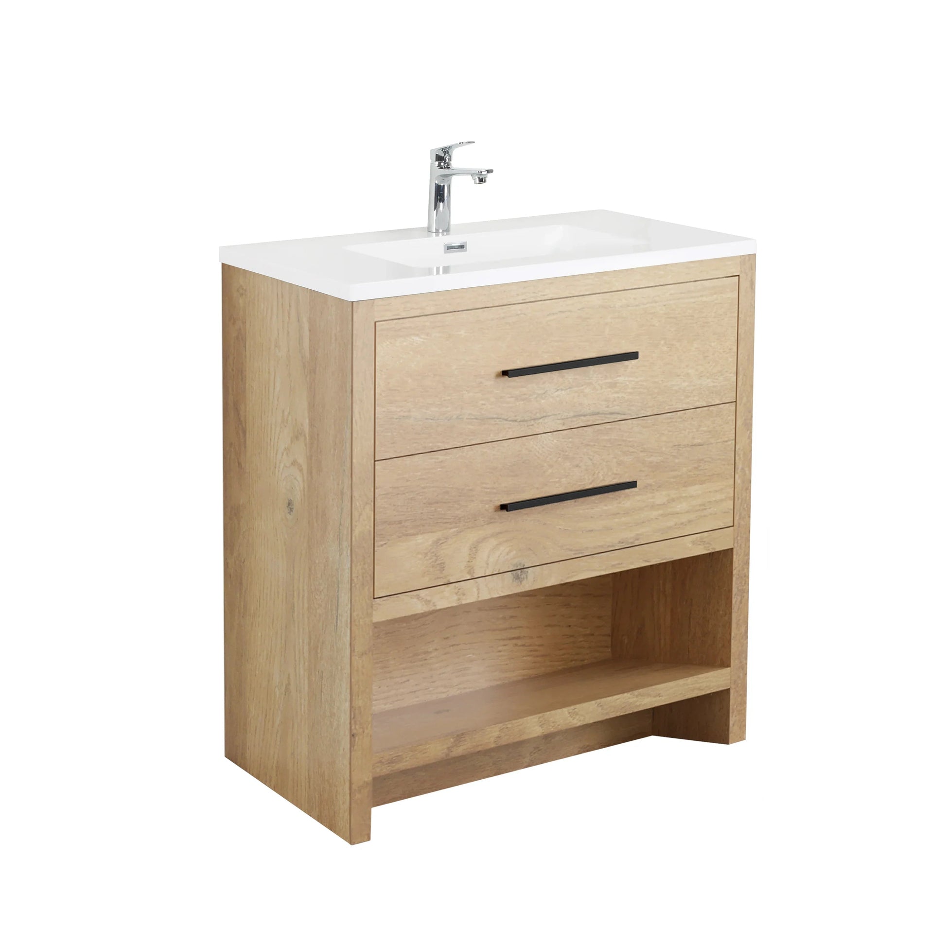 30" Rough Oak Freestanding Bathroom Vanity with White Polymarble Countertop-Migration_Bathroom Vanities-DECOROLALA