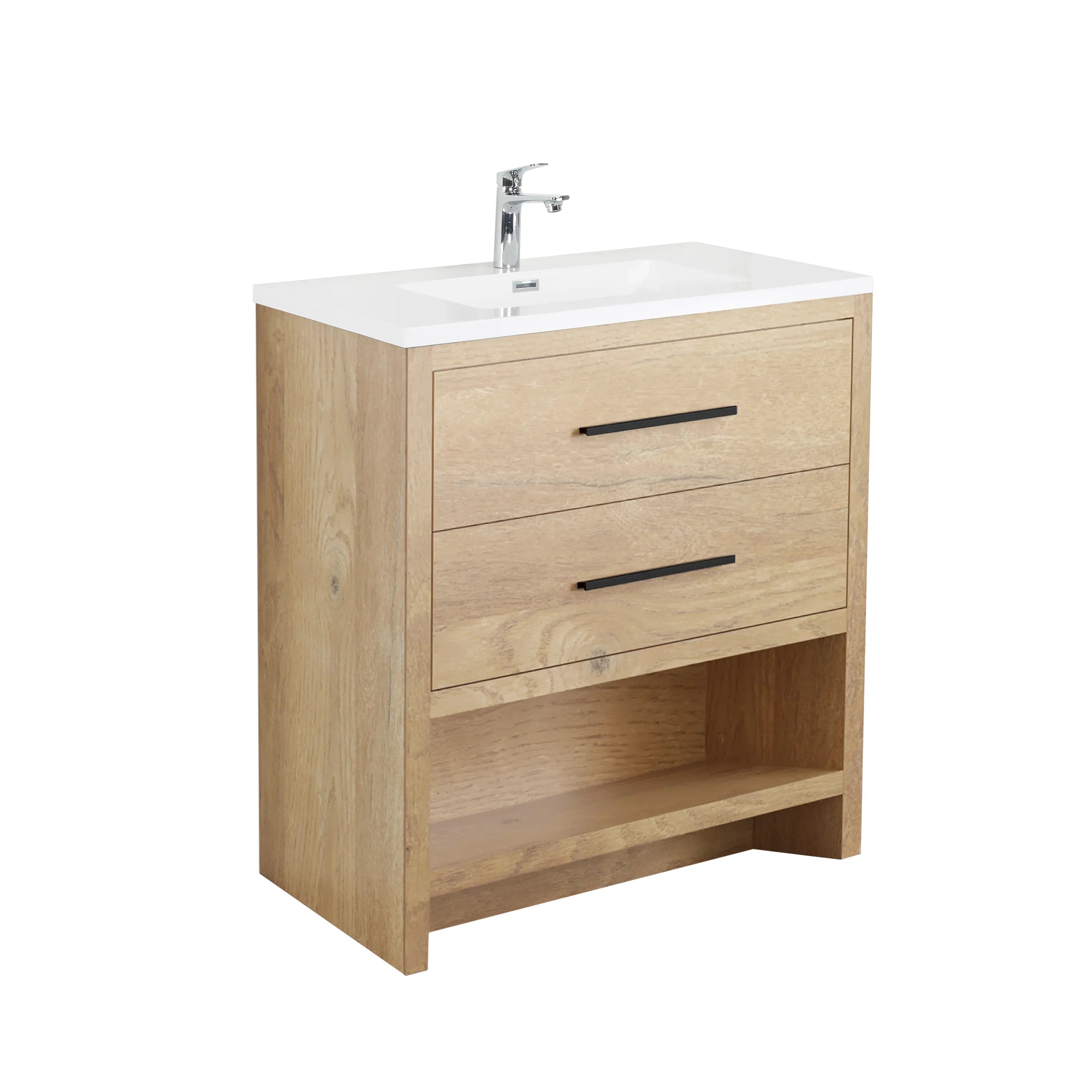 30" Rough Oak Freestanding Bathroom Vanity with White Polymarble Countertop-Migration_Bathroom Vanities-DECOROLALA