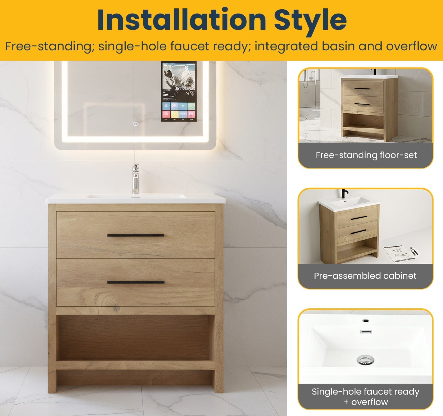 30" Rough Oak Freestanding Bathroom Vanity with White Polymarble Countertop-Migration_Bathroom Vanities-DECOROLALA