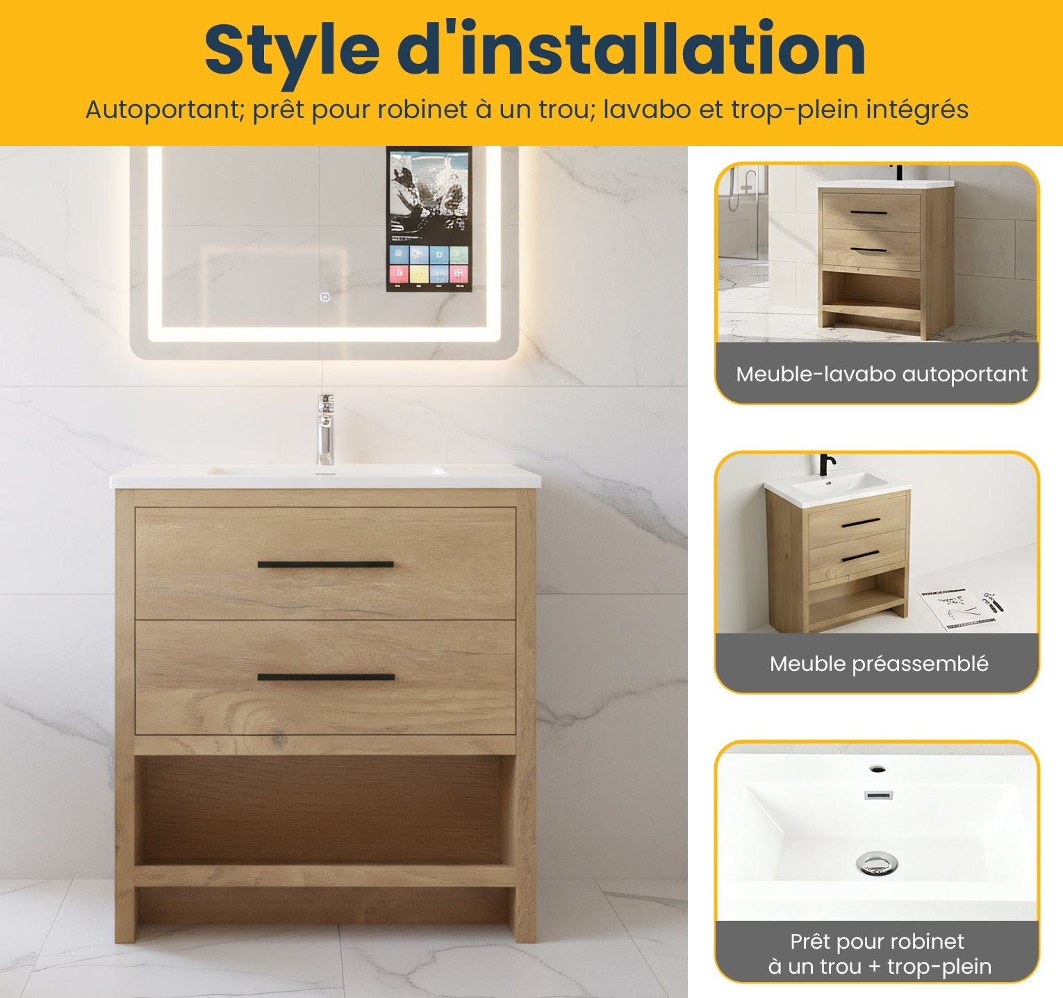 30" Rough Oak Freestanding Bathroom Vanity with White Polymarble Countertop-Migration_Bathroom Vanities-DECOROLALA