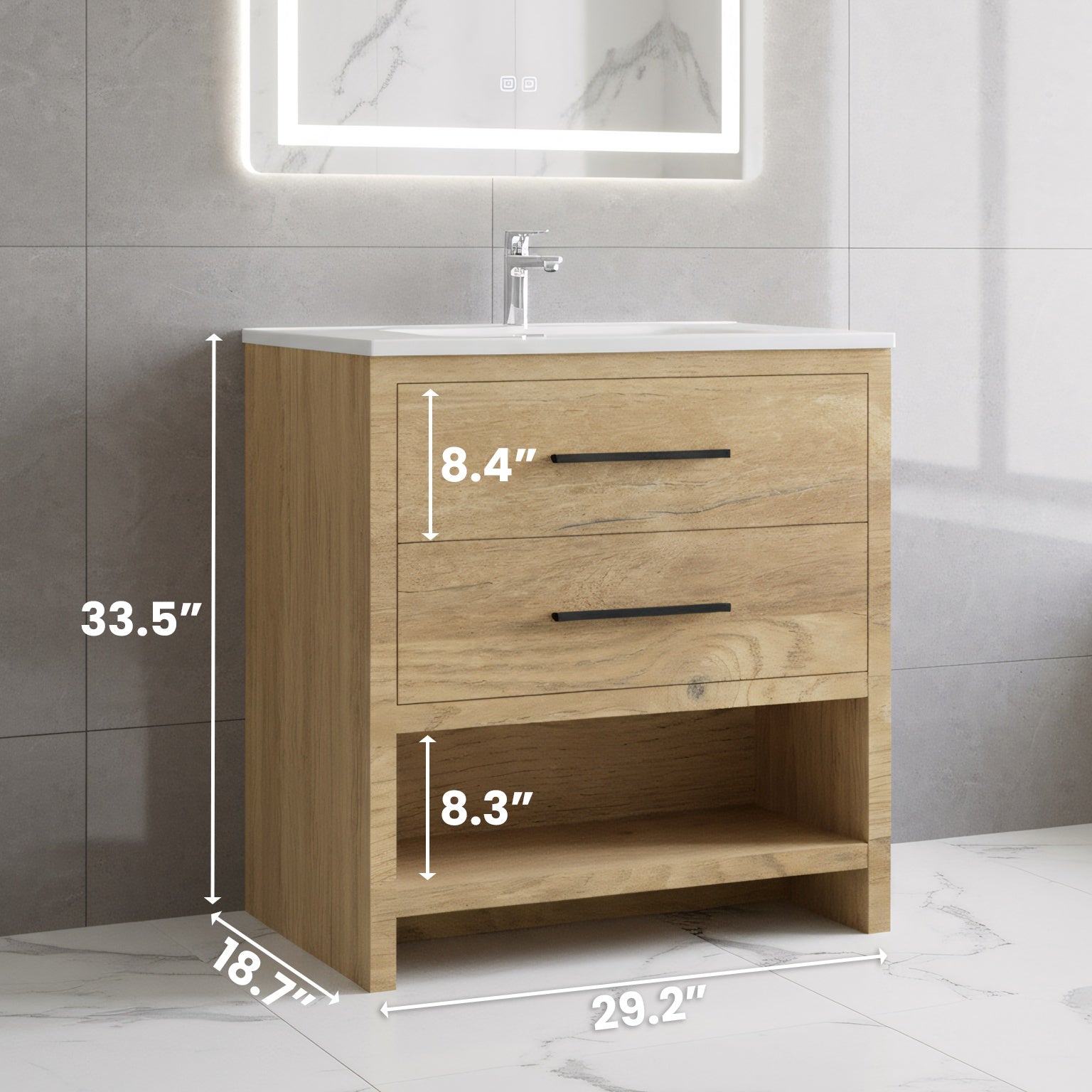 30" Rough Oak Freestanding Bathroom Vanity with White Polymarble Countertop-Migration_Bathroom Vanities-DECOROLALA