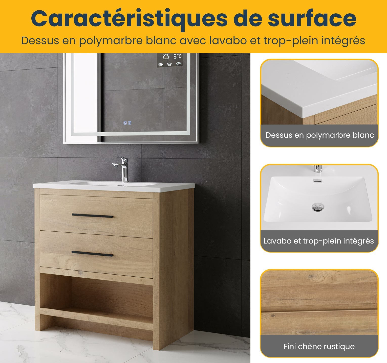 30" Rough Oak Freestanding Bathroom Vanity with White Polymarble Countertop-Migration_Bathroom Vanities-DECOROLALA