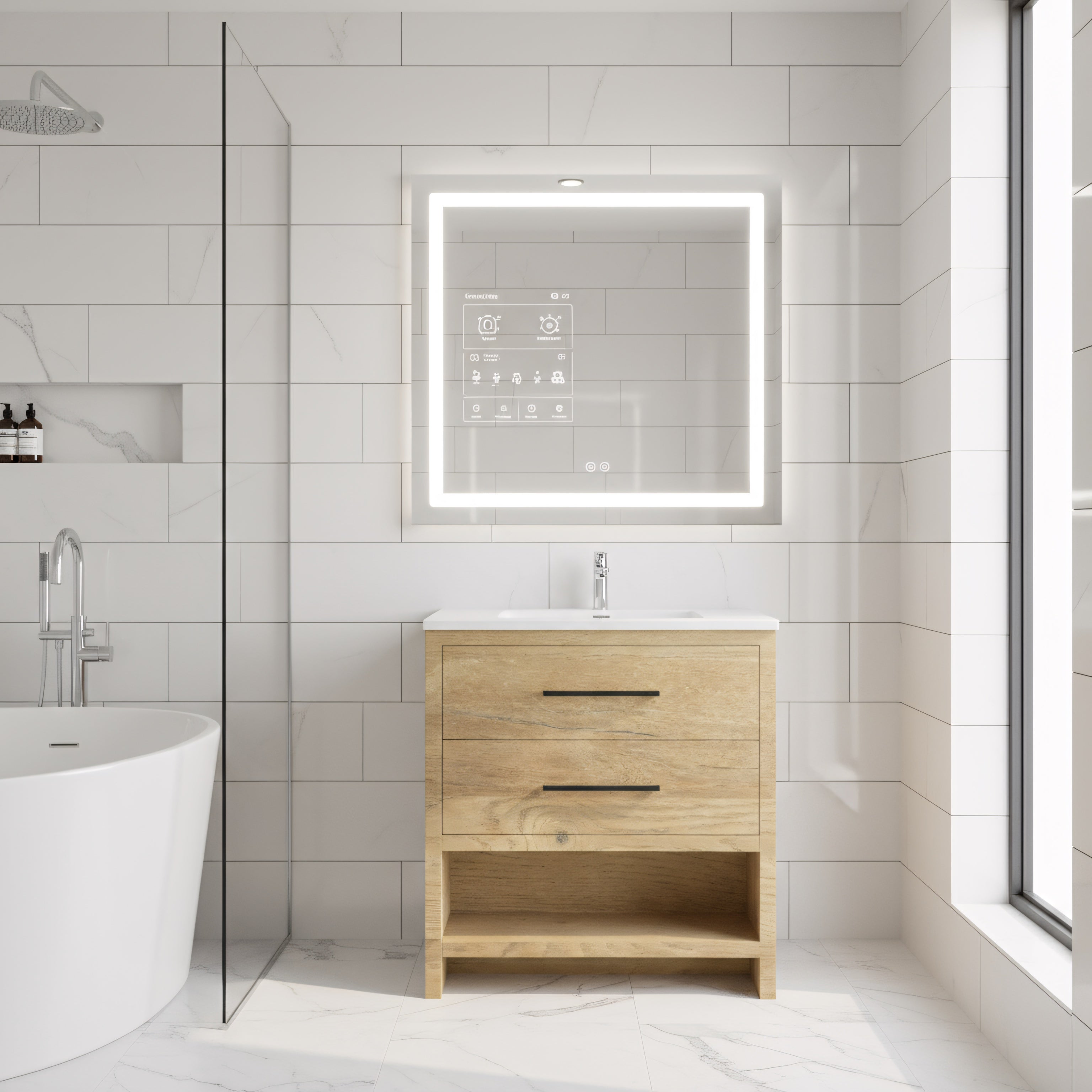 30" Rough Oak Freestanding Bathroom Vanity with White Polymarble Countertop-Migration_Bathroom Vanities-DECOROLALA