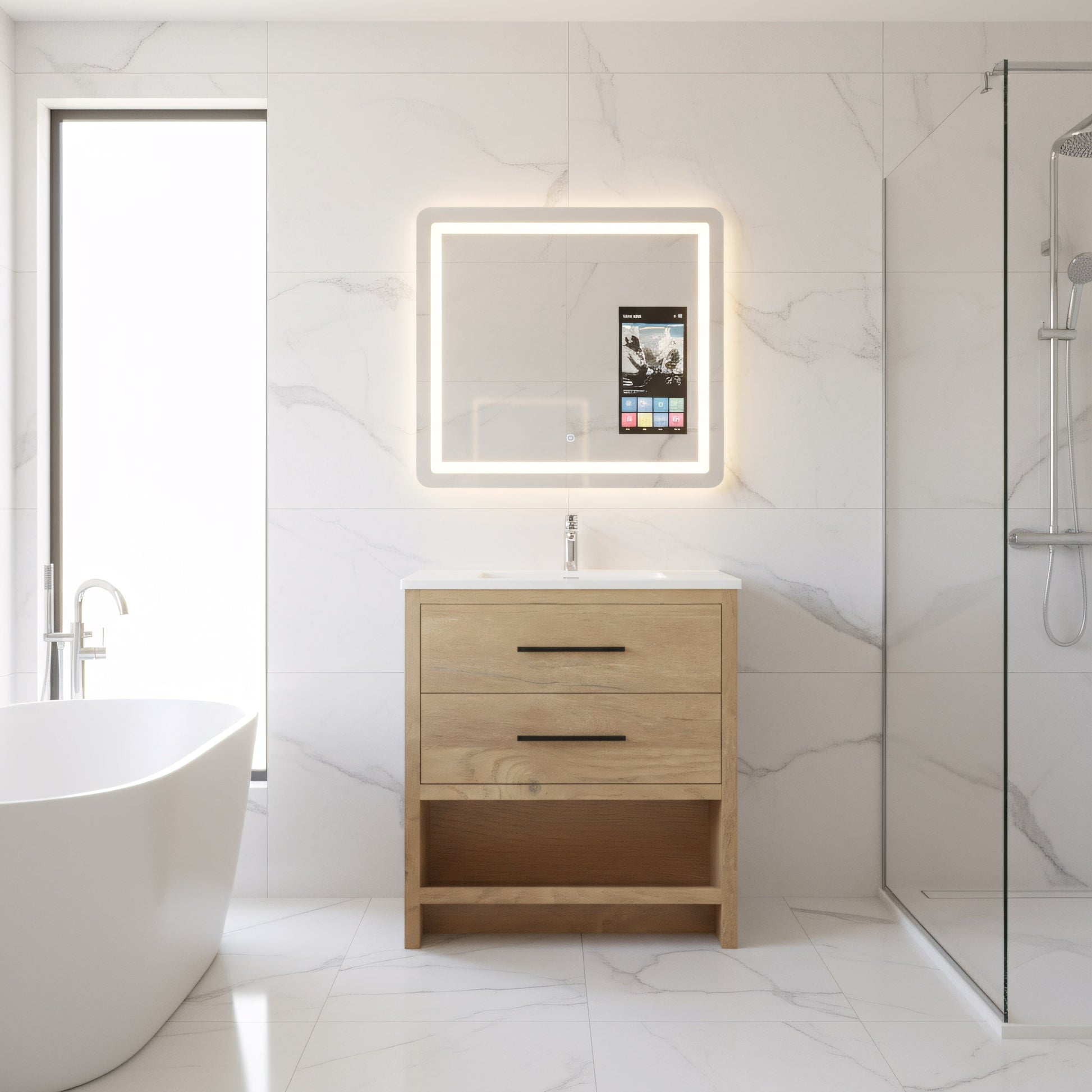 30" Rough Oak Freestanding Bathroom Vanity with White Polymarble Countertop-Migration_Bathroom Vanities-DECOROLALA