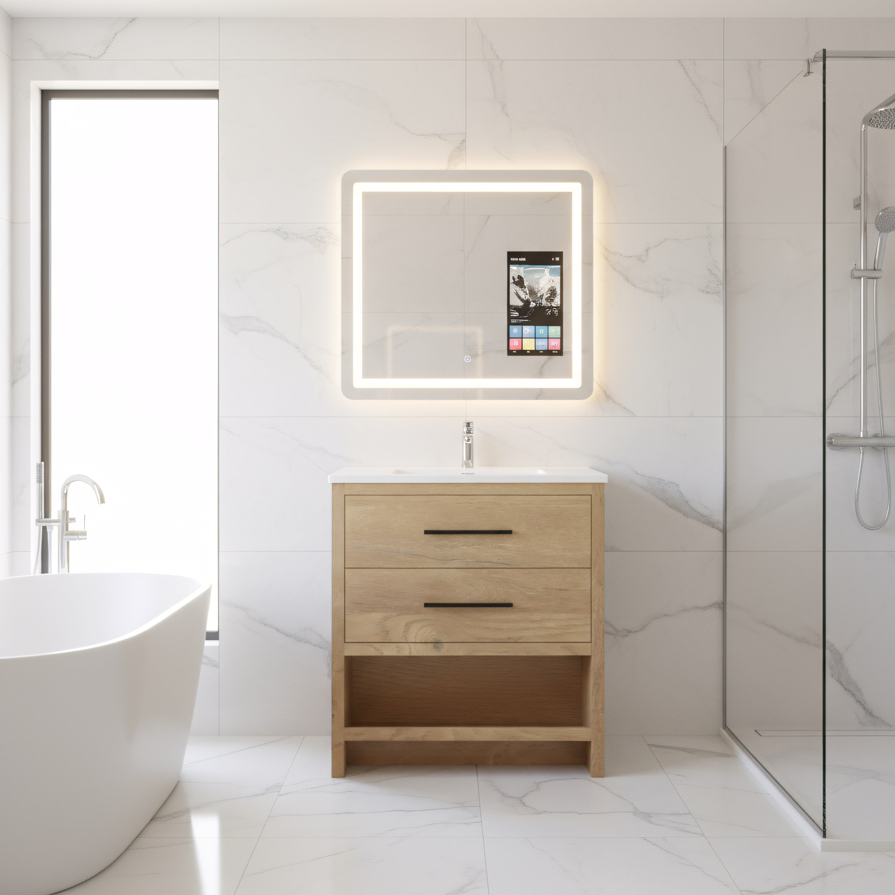 30" Rough Oak Freestanding Bathroom Vanity with White Polymarble Countertop-Migration_Bathroom Vanities-DECOROLALA