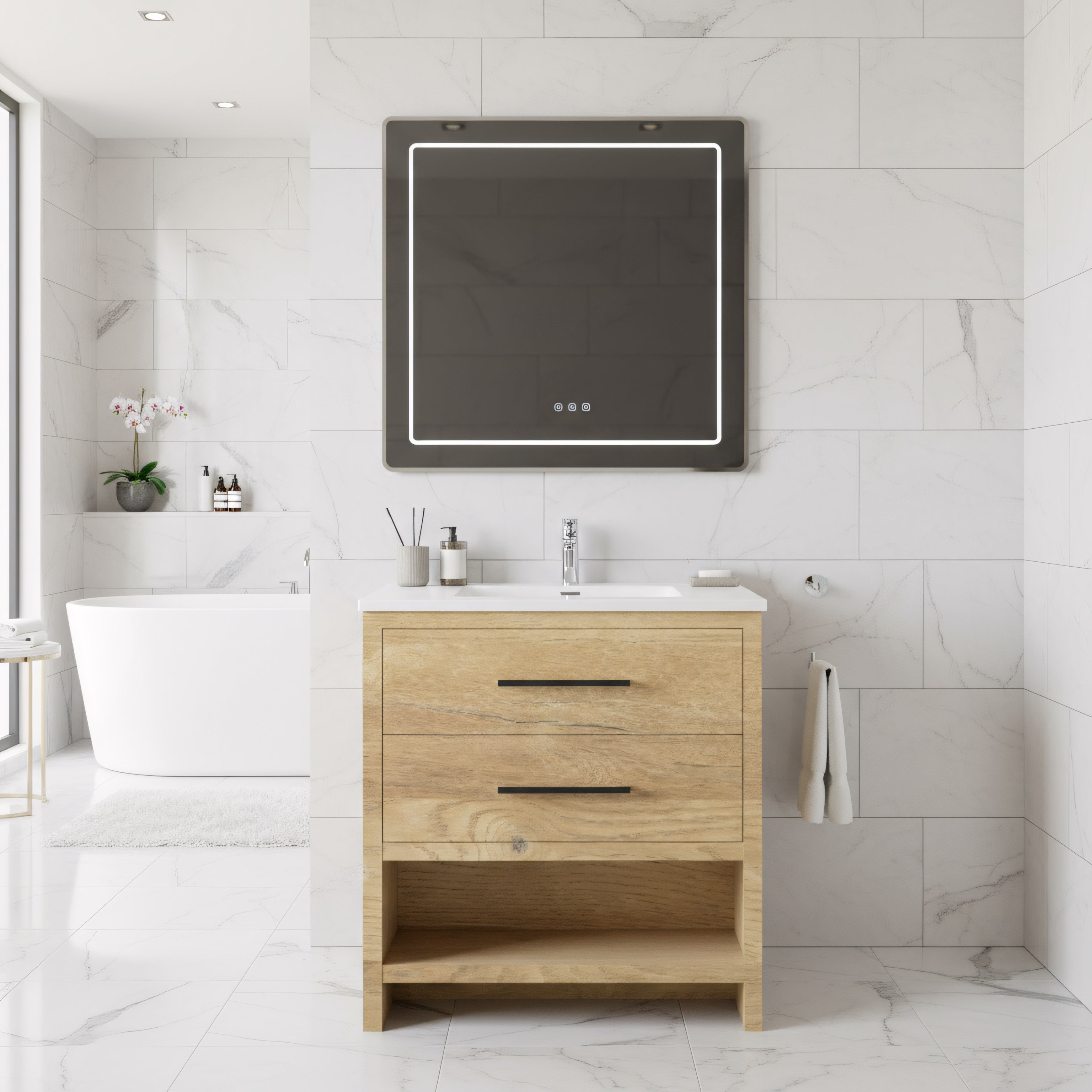 30" Rough Oak Freestanding Bathroom Vanity with White Polymarble Countertop-Migration_Bathroom Vanities-DECOROLALA