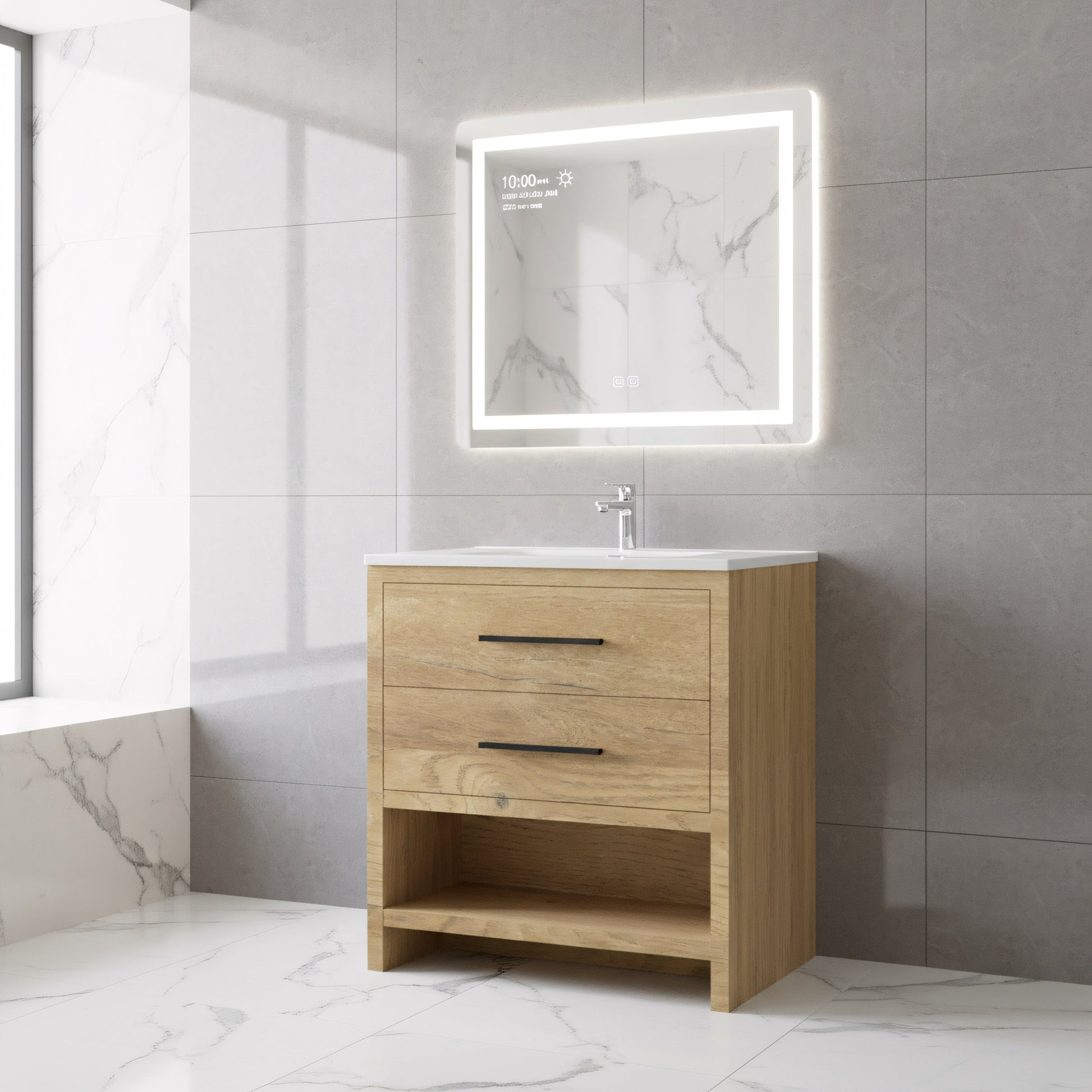 30" Rough Oak Freestanding Bathroom Vanity with White Polymarble Countertop-Migration_Bathroom Vanities-DECOROLALA