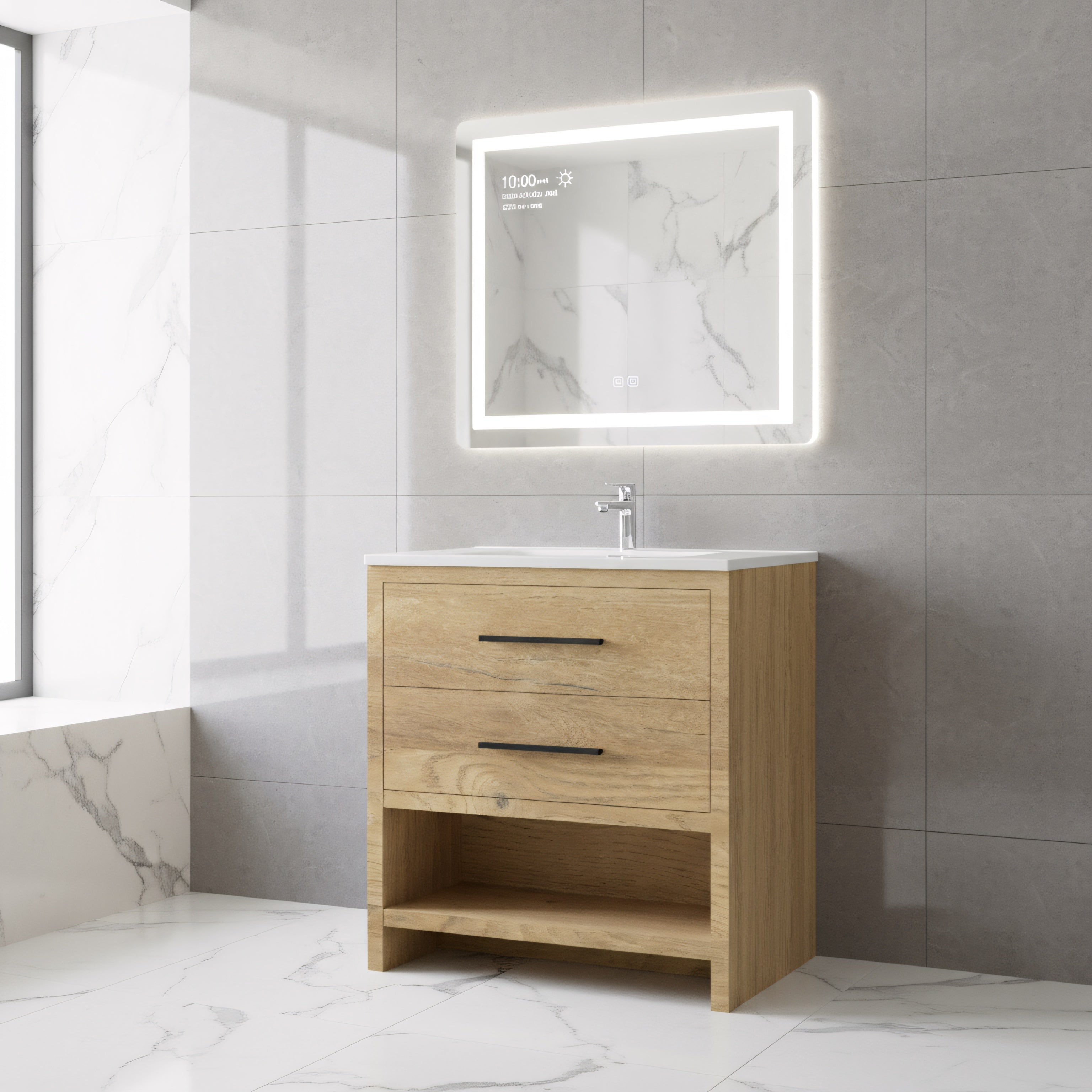 30" Rough Oak Freestanding Bathroom Vanity with White Polymarble Countertop-Migration_Bathroom Vanities-DECOROLALA