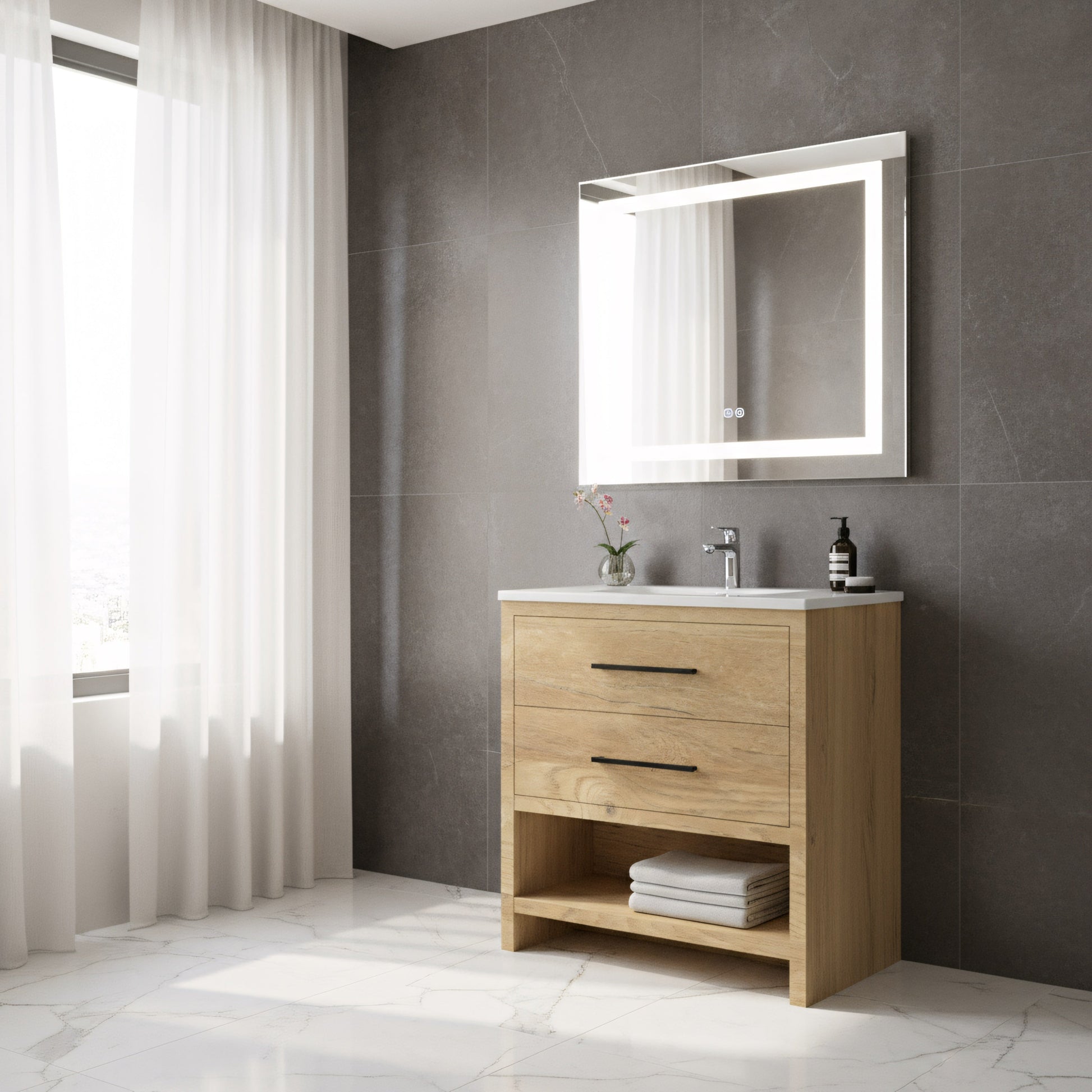 30" Rough Oak Freestanding Bathroom Vanity with White Polymarble Countertop-Migration_Bathroom Vanities-DECOROLALA