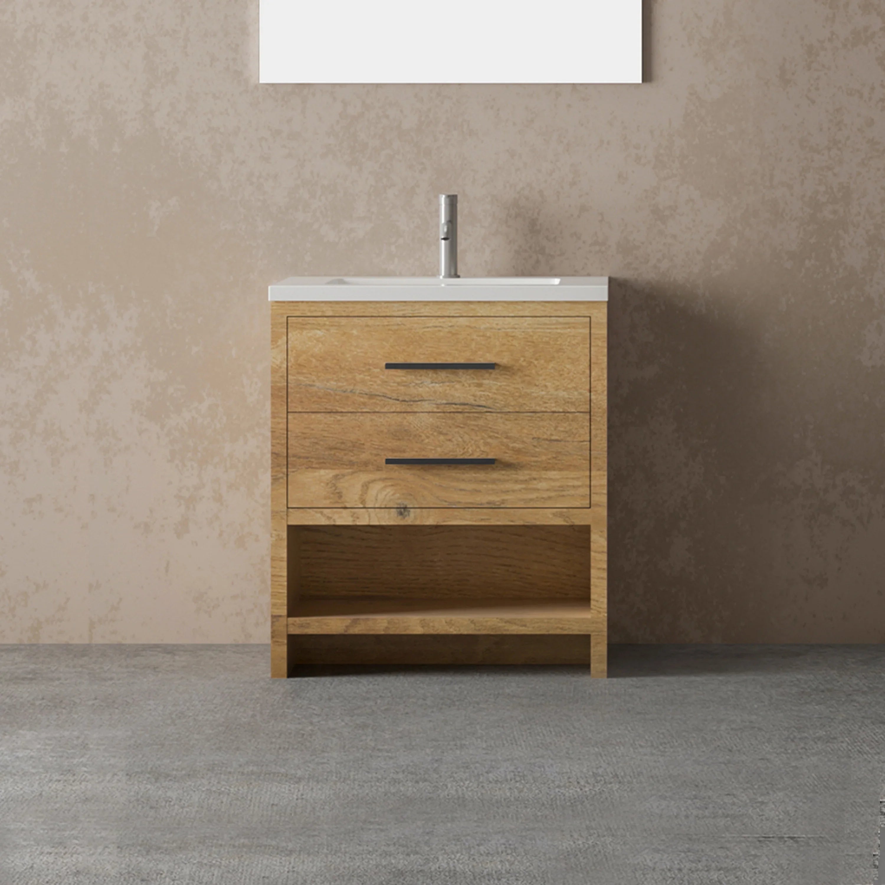 30" Rough Oak Freestanding Bathroom Vanity with White Polymarble Countertop-Migration_Bathroom Vanities-DECOROLALA