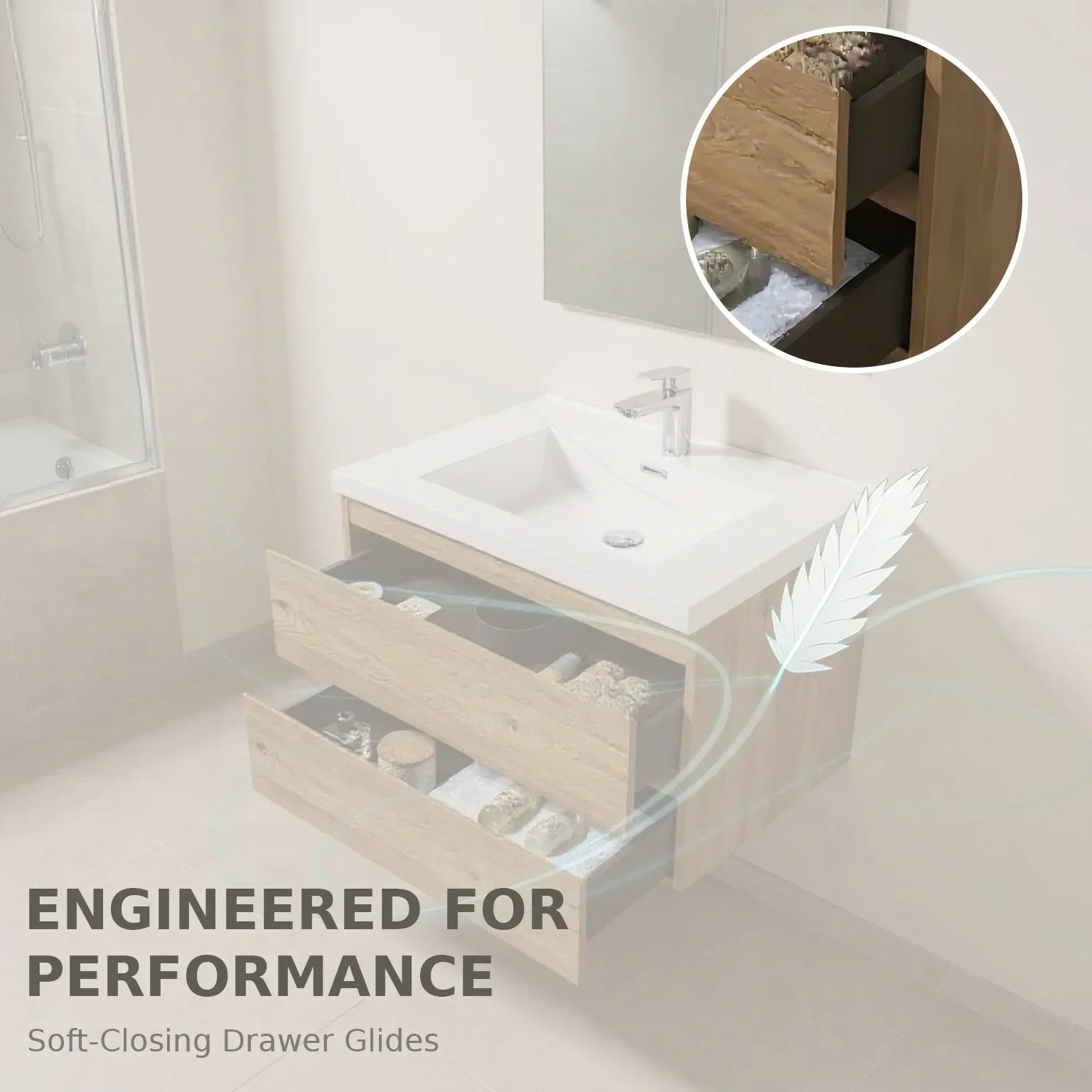 30" Rough Oak Wall Mount Bathroom Vanity with White Polymarble Countertop-Migration_Bathroom Vanities-DECOROLALA