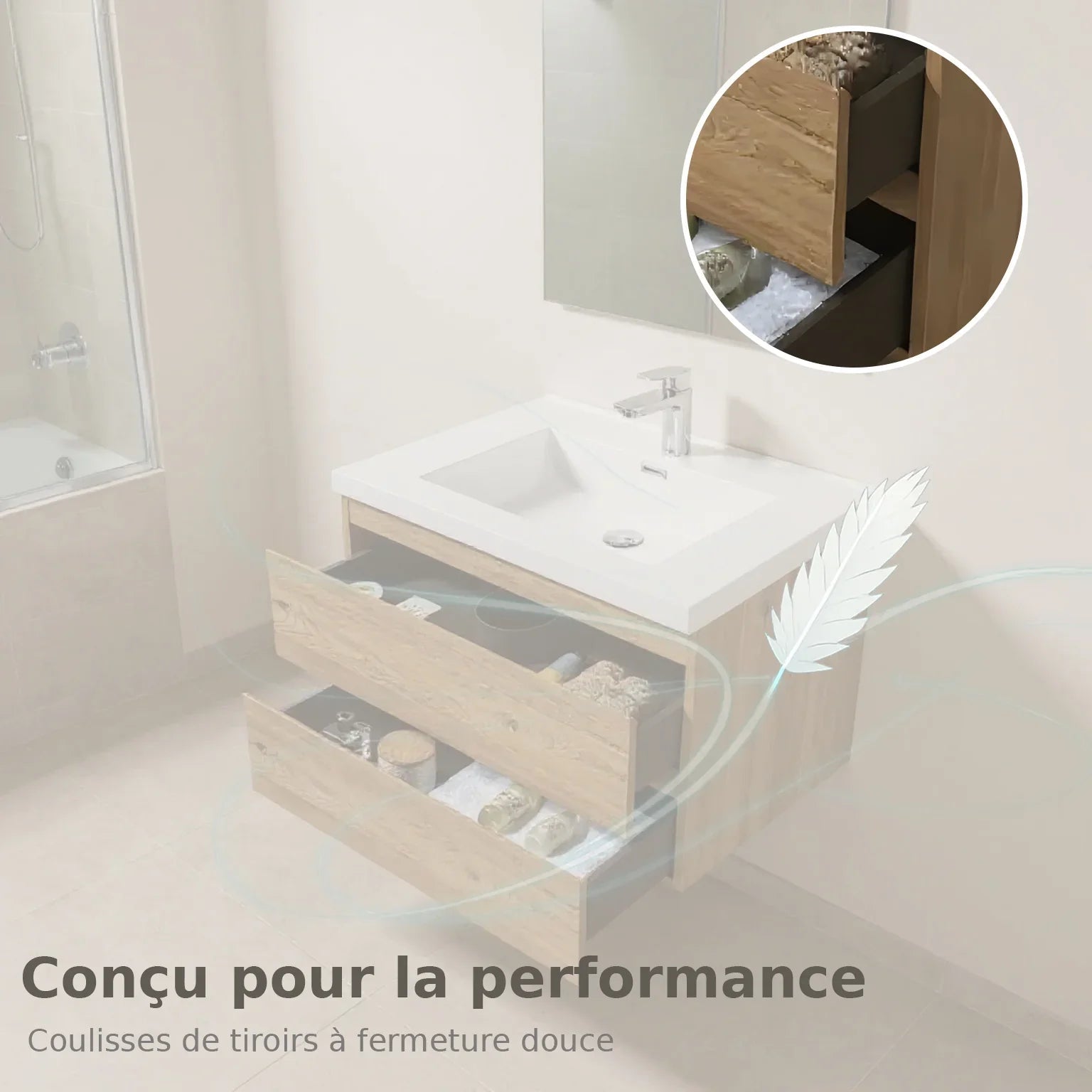 30" Rough Oak Wall Mount Bathroom Vanity with White Polymarble Countertop-Migration_Bathroom Vanities-DECOROLALA