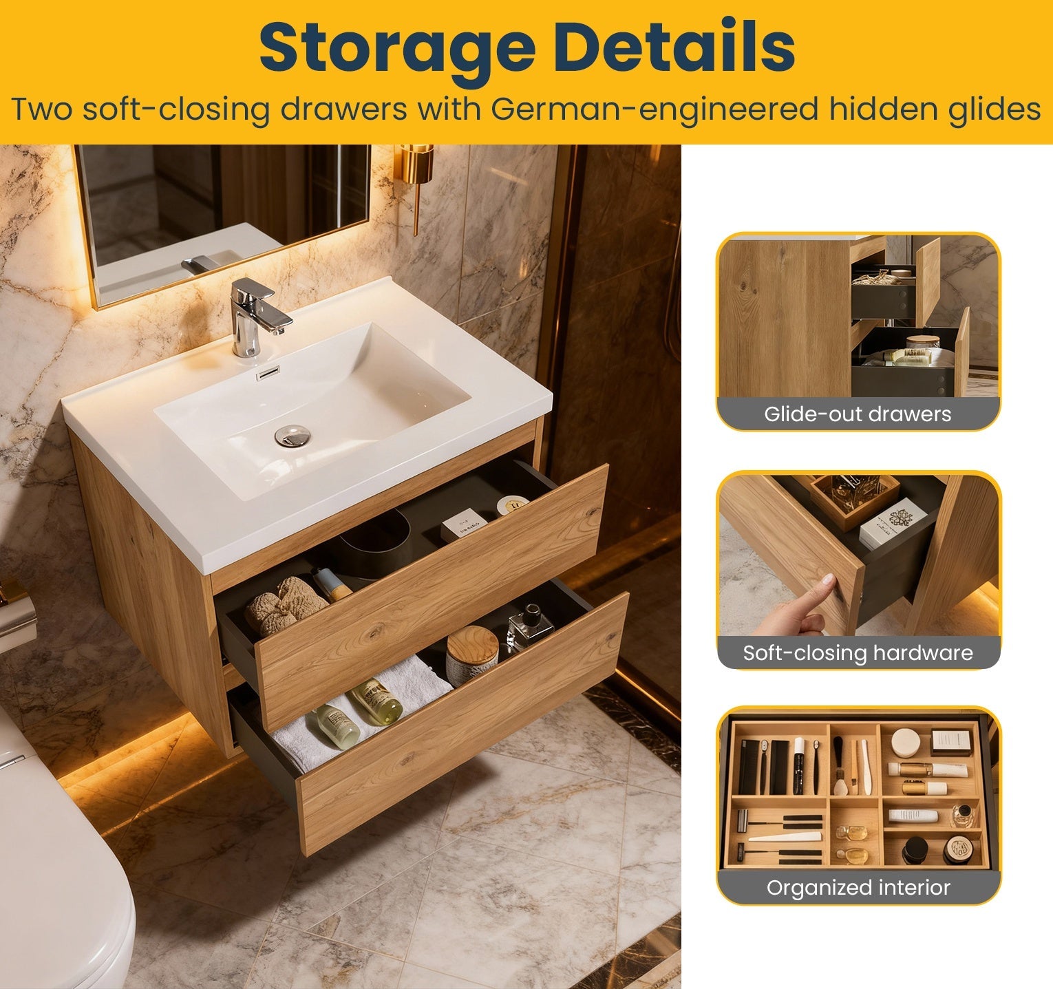 30" Rough Oak Wall Mount Bathroom Vanity with White Polymarble Countertop-Migration_Bathroom Vanities-DECOROLALA