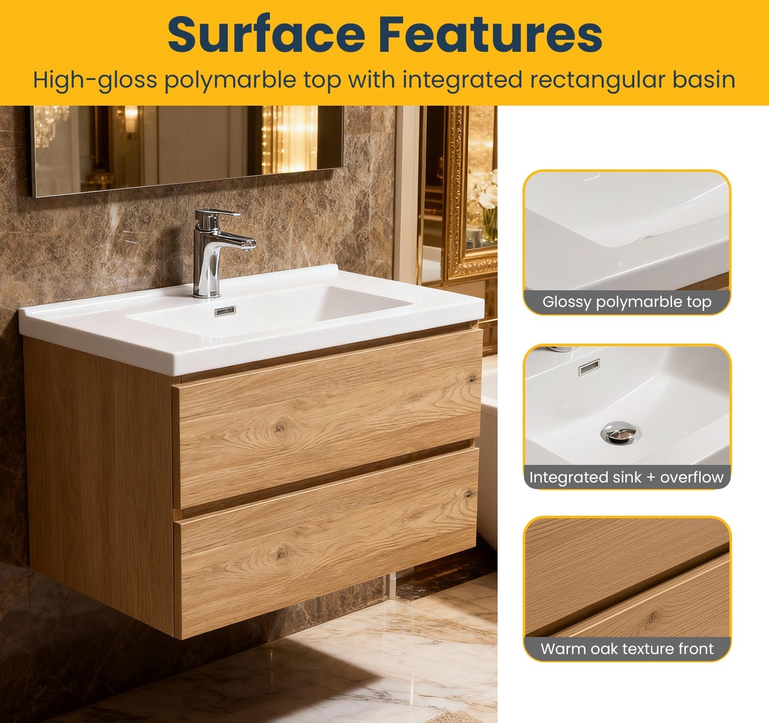 30" Rough Oak Wall Mount Bathroom Vanity with White Polymarble Countertop-Migration_Bathroom Vanities-DECOROLALA