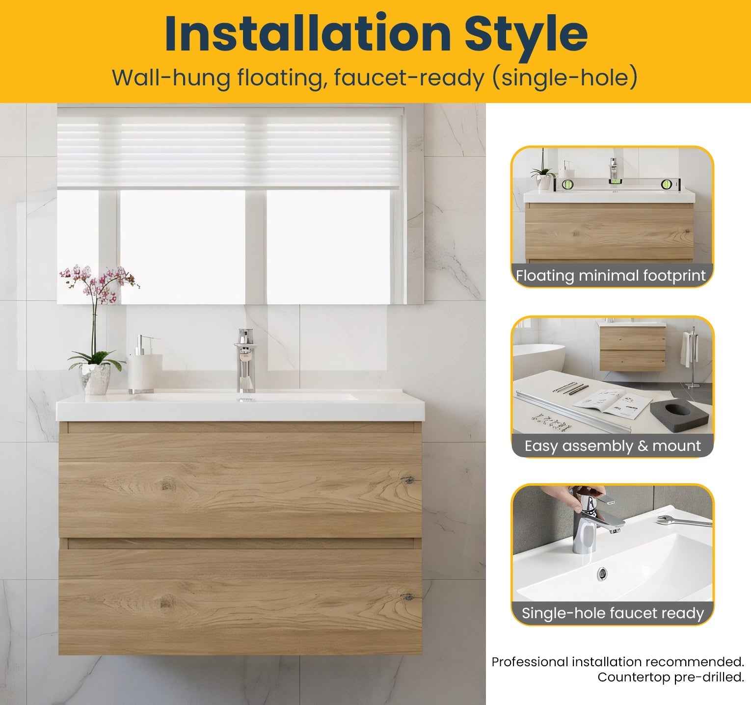 30" Rough Oak Wall Mount Bathroom Vanity with White Polymarble Countertop-Migration_Bathroom Vanities-DECOROLALA