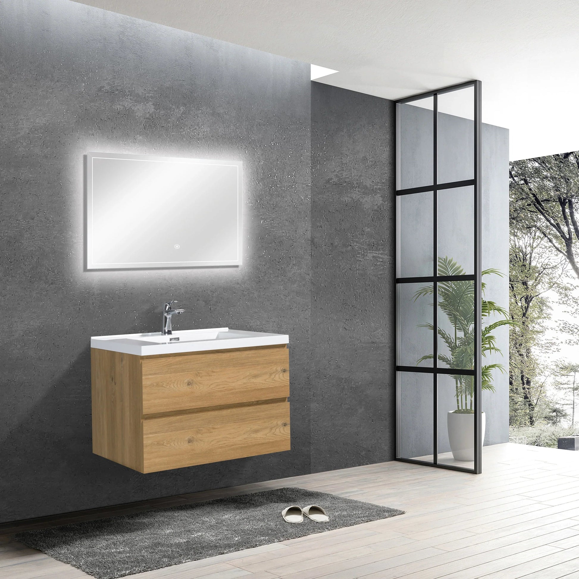 30" Rough Oak Wall Mount Bathroom Vanity with White Polymarble Countertop-Migration_Bathroom Vanities-DECOROLALA