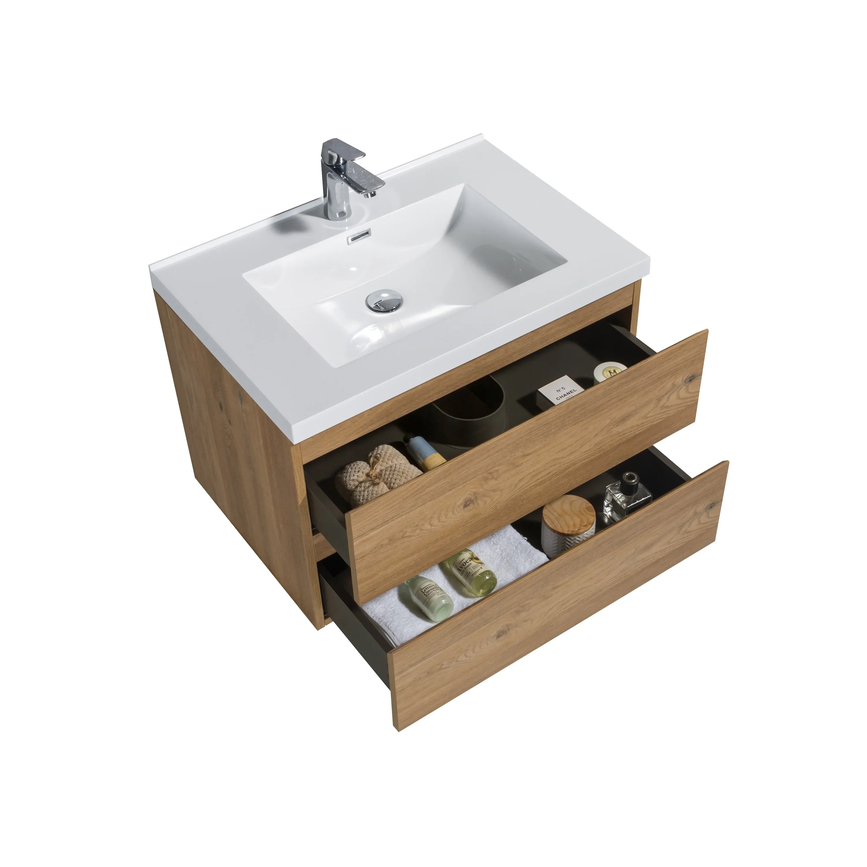 30" Rough Oak Wall Mount Bathroom Vanity with White Polymarble Countertop-Migration_Bathroom Vanities-DECOROLALA