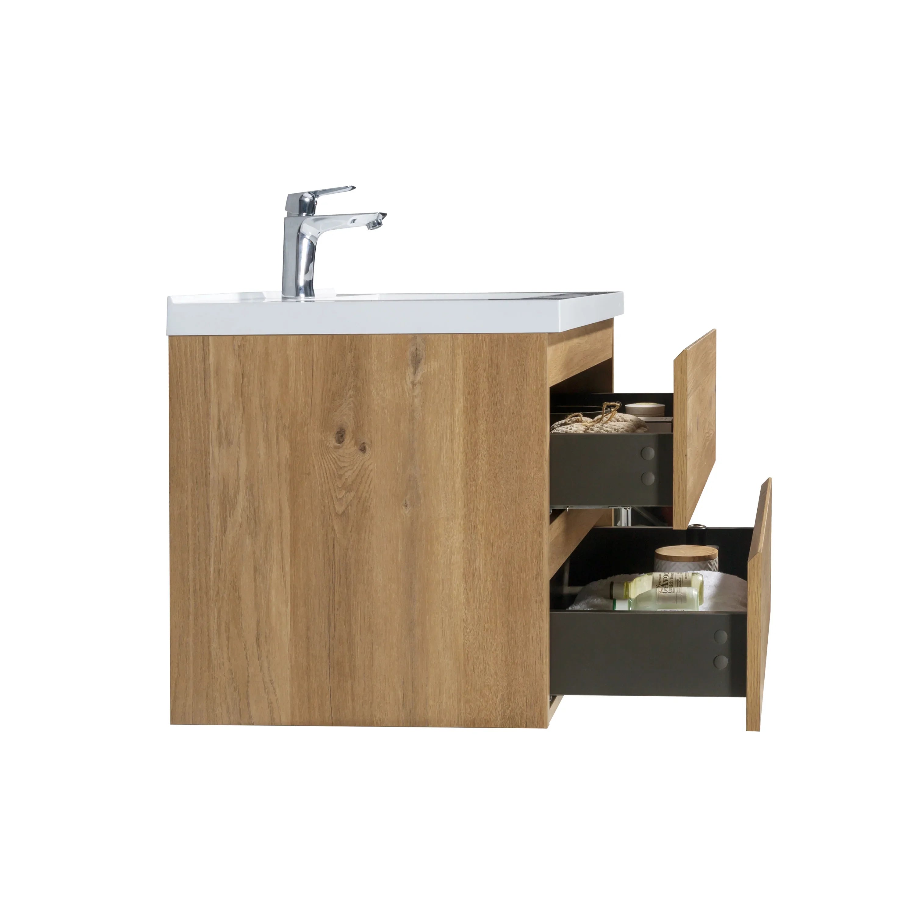 30" Rough Oak Wall Mount Bathroom Vanity with White Polymarble Countertop-Migration_Bathroom Vanities-DECOROLALA