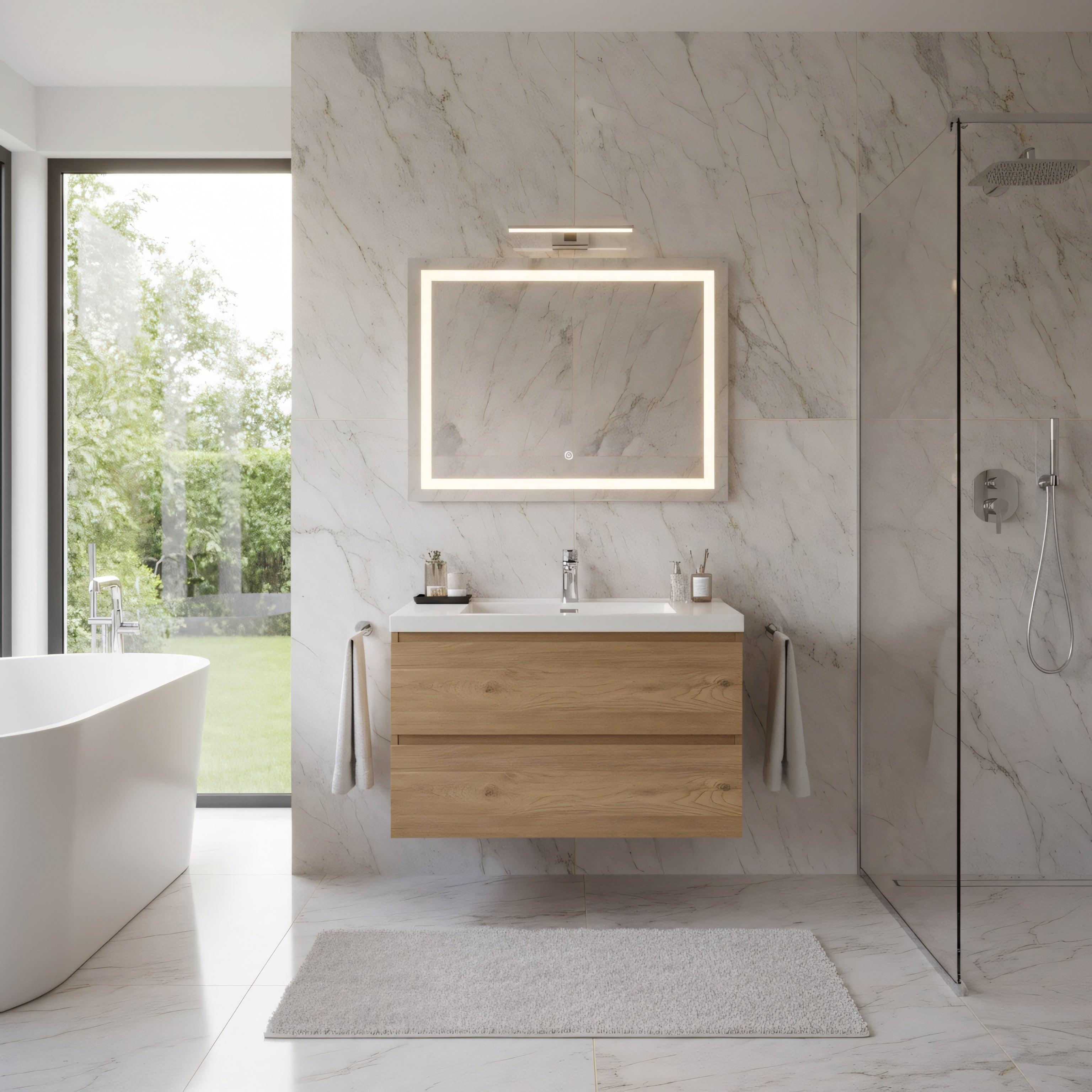 30" Rough Oak Wall Mount Bathroom Vanity with White Polymarble Countertop-Migration_Bathroom Vanities-DECOROLALA