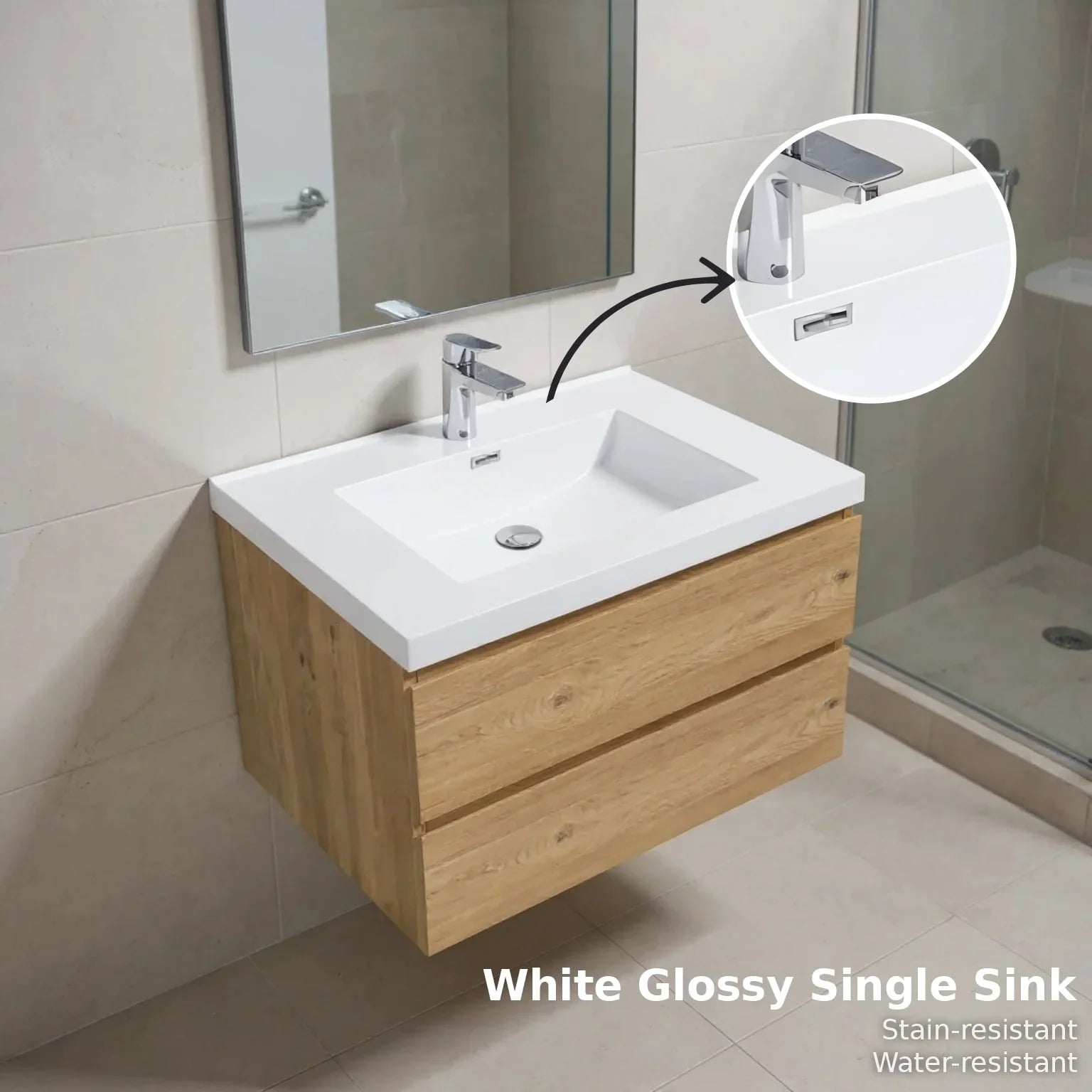 30" Rough Oak Wall Mount Bathroom Vanity with White Polymarble Countertop-Migration_Bathroom Vanities-DECOROLALA