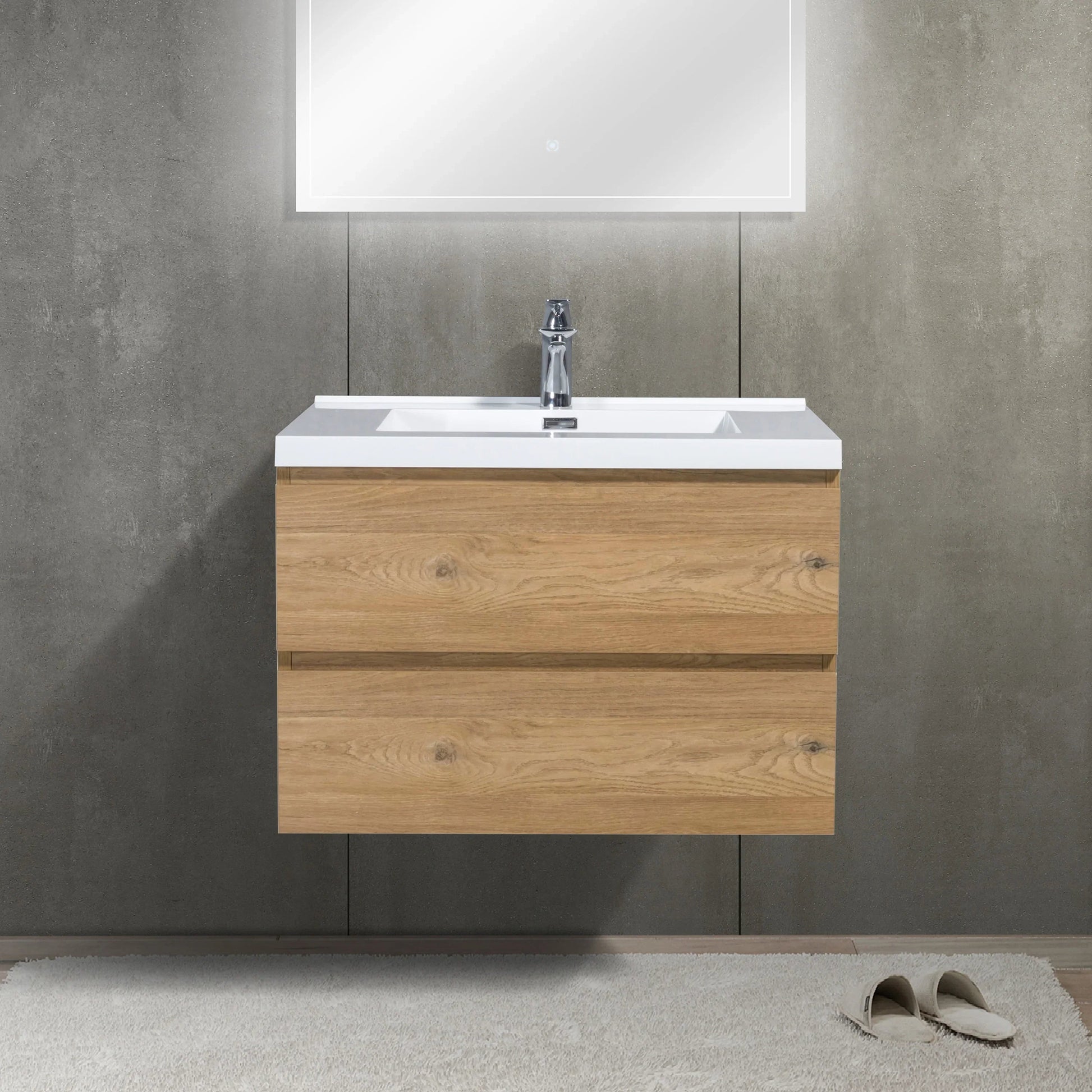 30" Rough Oak Wall Mount Bathroom Vanity with White Polymarble Countertop-Migration_Bathroom Vanities-DECOROLALA
