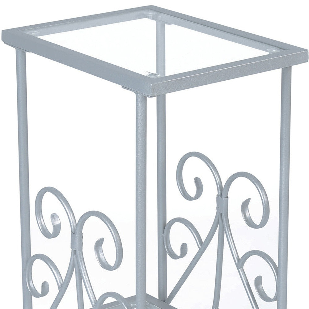 30" Silver And Clear Glass And Metal Square End Table With Shelf-End-Side Tables-DECOROLALA