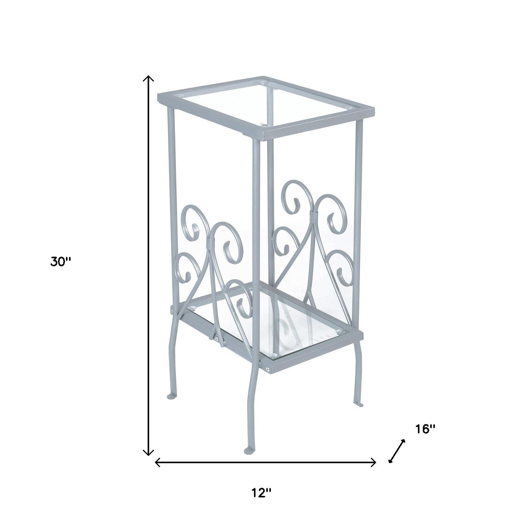30" Silver And Clear Glass And Metal Square End Table With Shelf-End-Side Tables-DECOROLALA