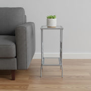 30" Silver And Clear Glass And Metal Square End Table With Shelf-End-Side Tables-DECOROLALA