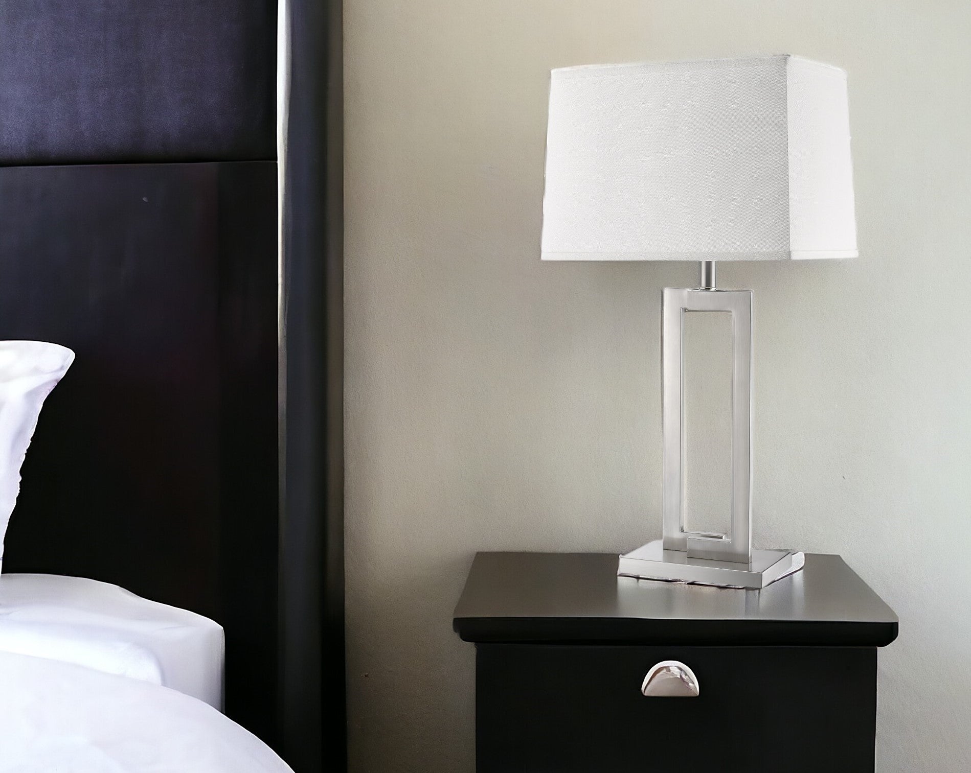 30" Silver Metal Table Lamp With White Rectangular Shade-Table Lamps-DECOROLALA