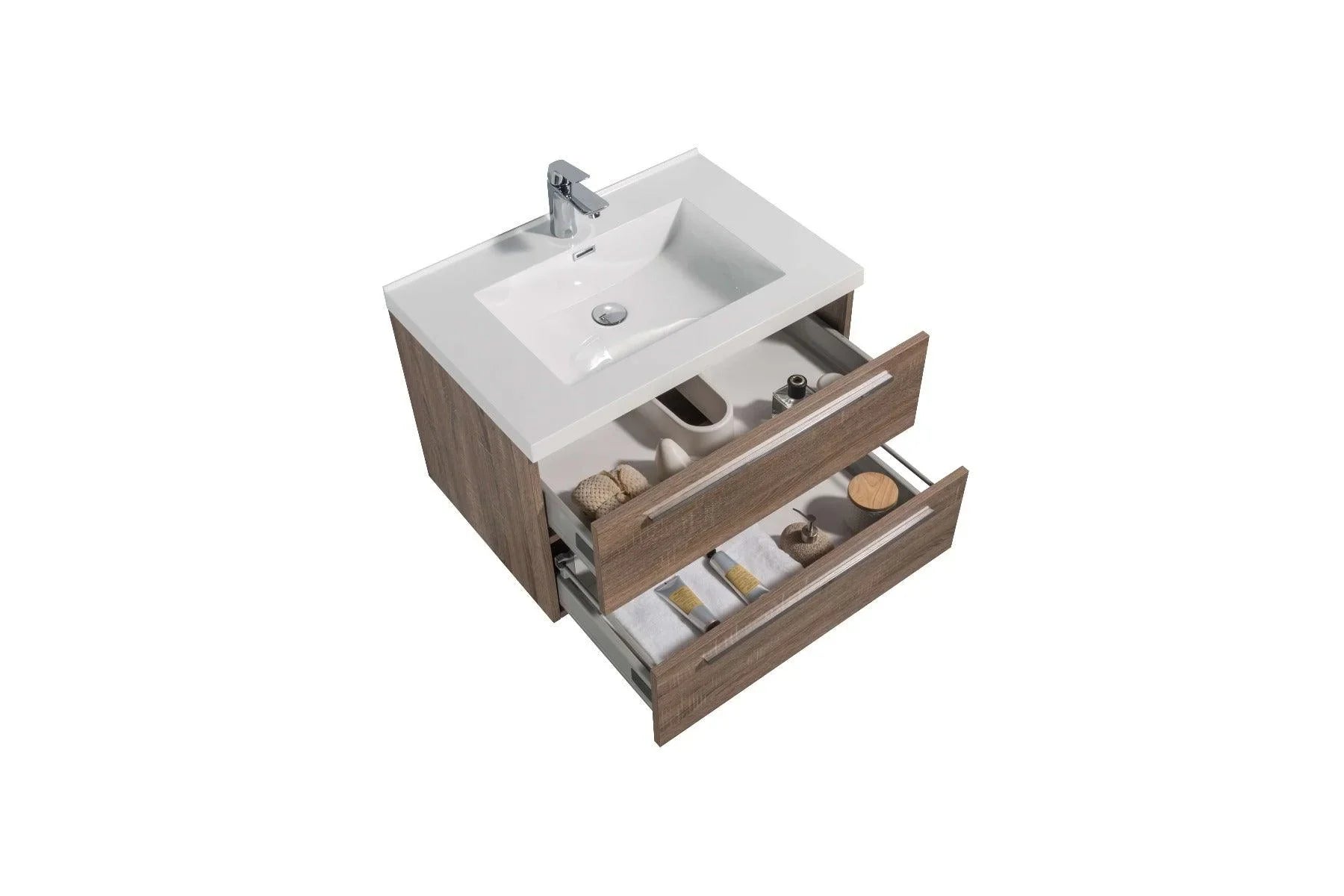 30" Soft Oak Wall Mount Bathroom Vanity with White Polymarble Countertop-Migration_Bathroom Vanities-DECOROLALA